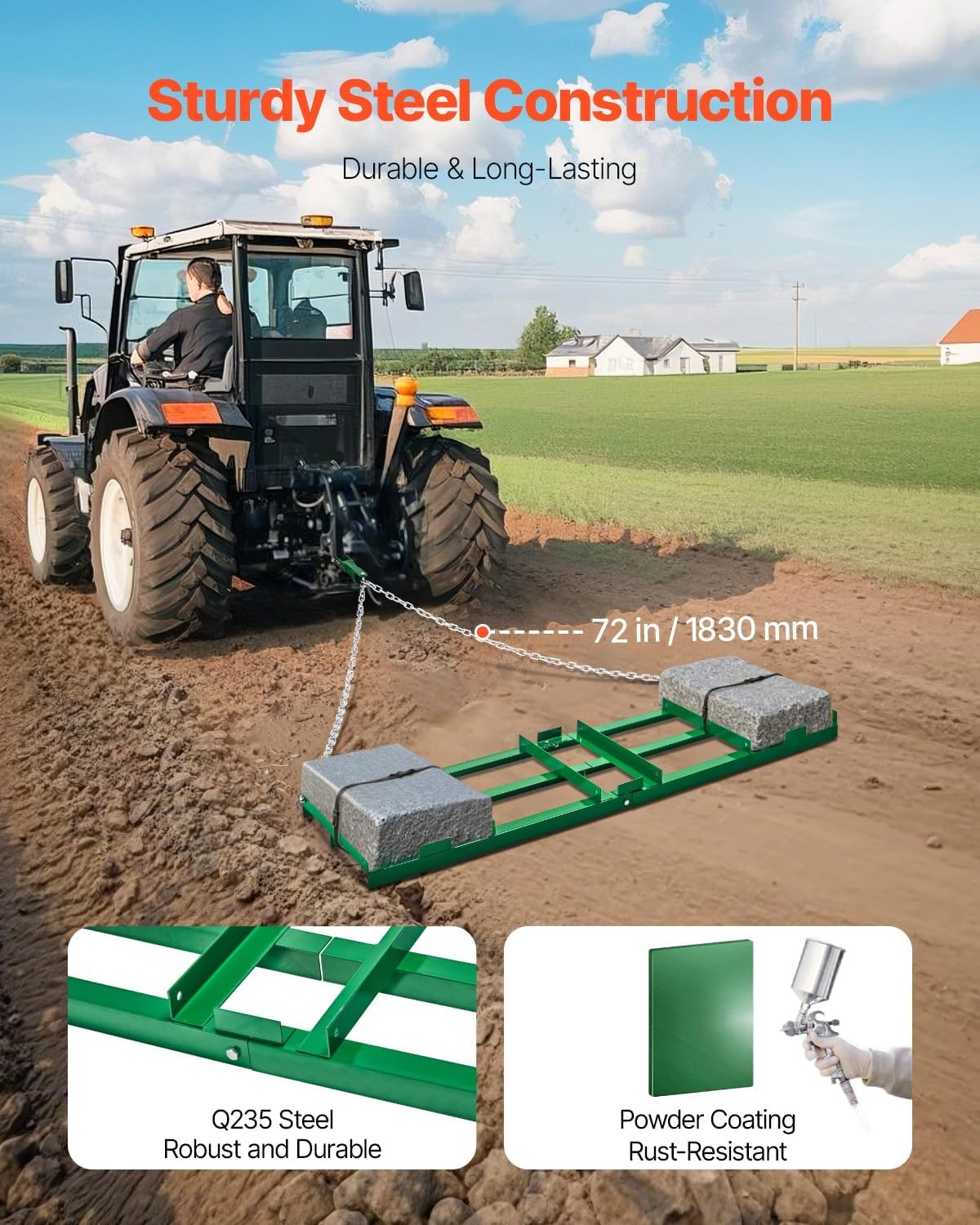 image:imageVEVOR Drag Harrow 8 ft Heavy Duty Tow Behind Drag Harrow with Adjustable Bars amp 72 in Chain Driveway Grader Landscape Rake for ATV UTV Tractor Mower Tow Behind Yard Lawn Leveling Tool6 FT Green