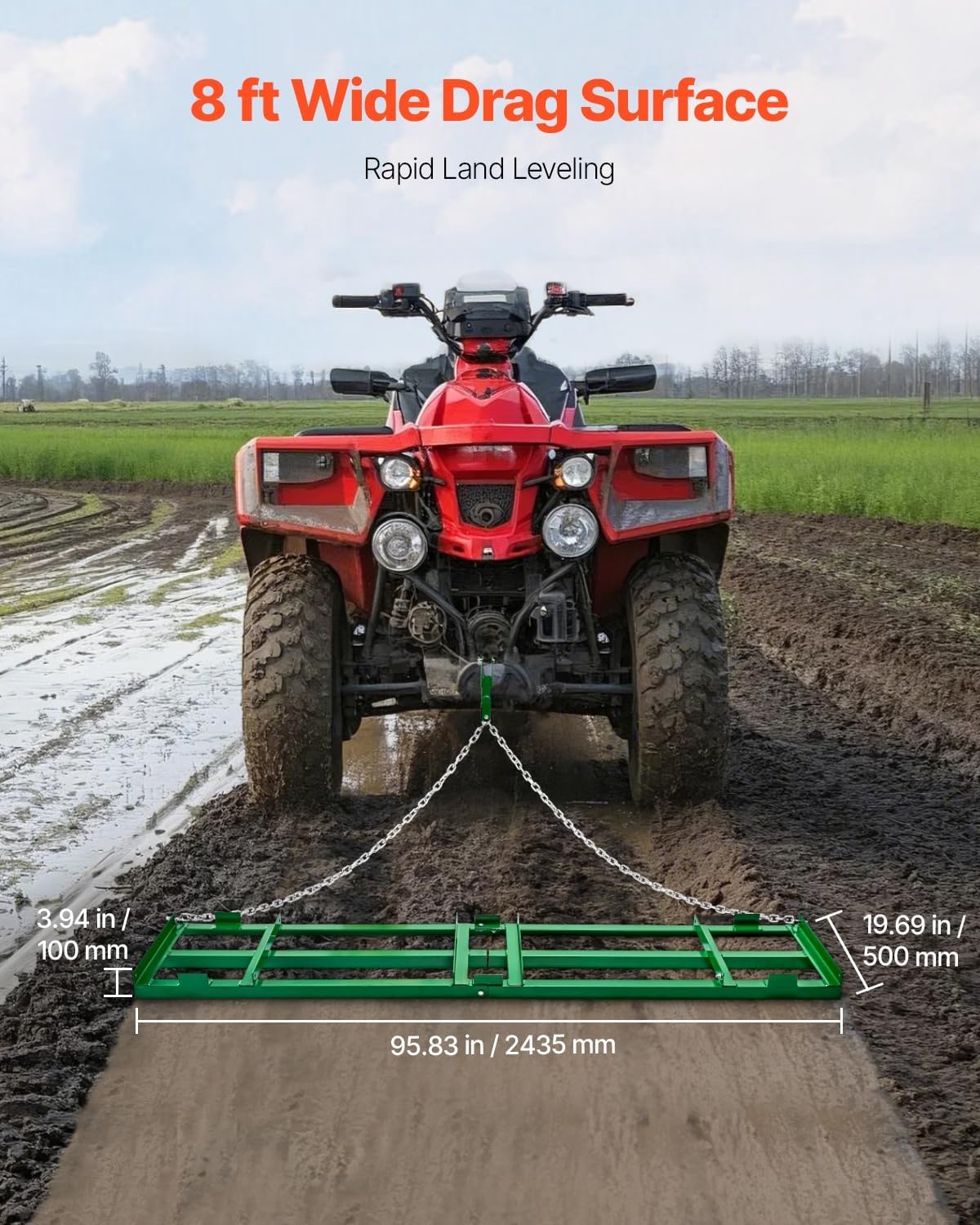 image:imageVEVOR Drag Harrow 8 ft Heavy Duty Tow Behind Drag Harrow with Adjustable Bars amp 72 in Chain Driveway Grader Landscape Rake for ATV UTV Tractor Mower Tow Behind Yard Lawn Leveling Tool8 FT Green