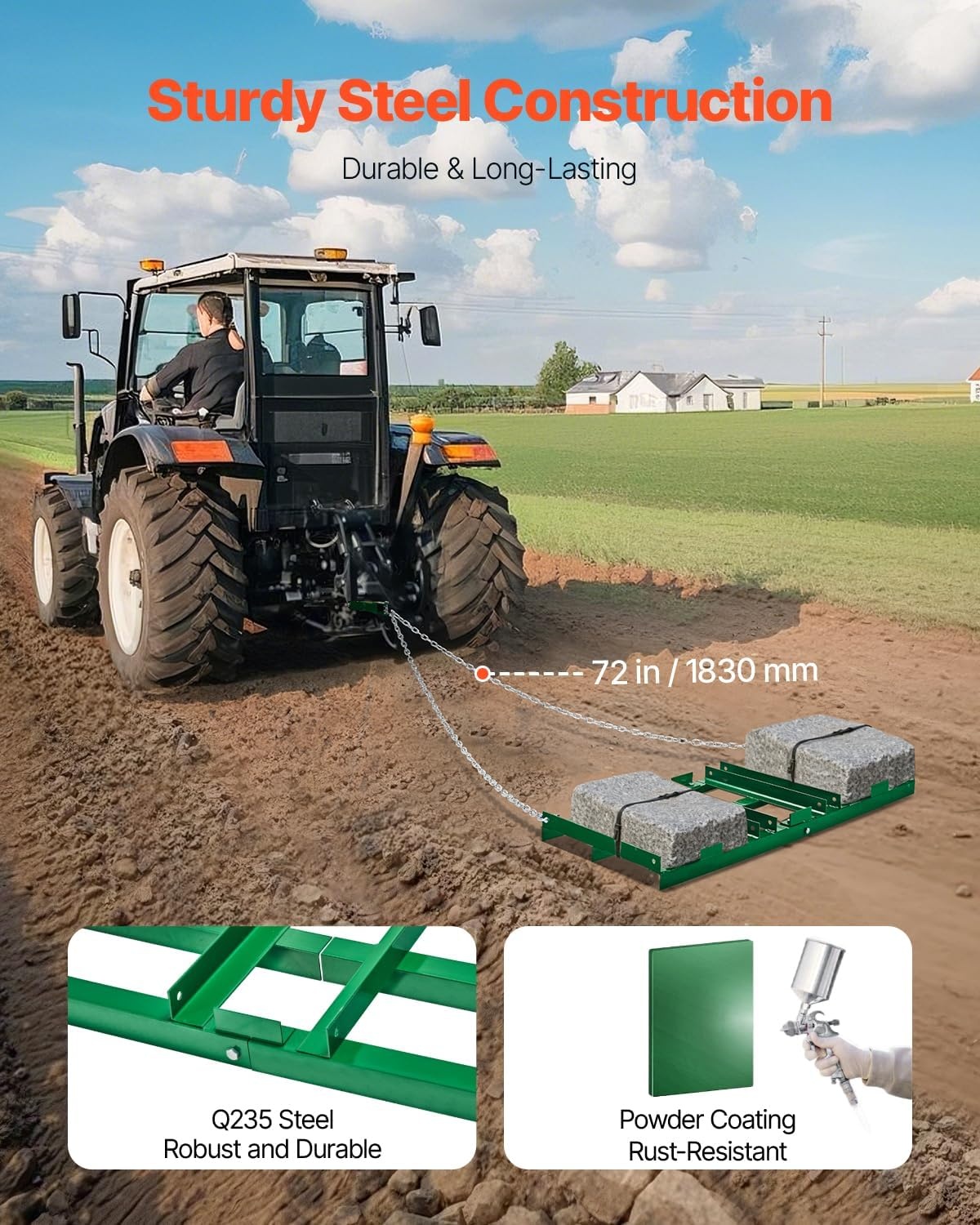 image:imageVEVOR Drag Harrow 8 ft Heavy Duty Tow Behind Drag Harrow with Adjustable Bars amp 72 in Chain Driveway Grader Landscape Rake for ATV UTV Tractor Mower Tow Behind Yard Lawn Leveling Tool4 FT Green