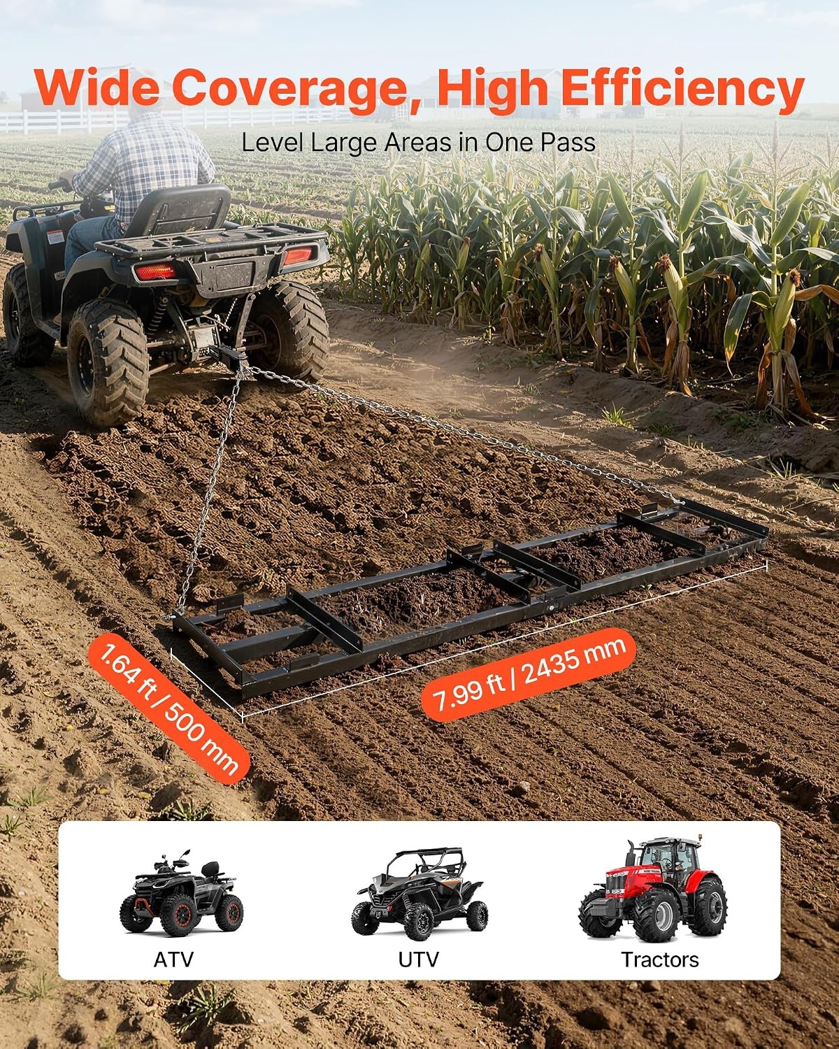 image:imageVEVOR Drag Harrow 8 ft Heavy Duty Tow Behind Drag Harrow with Adjustable Bars amp 72 in Chain Driveway Grader Landscape Rake for ATV UTV Tractor Mower Tow Behind Yard Lawn Leveling Tool8 FT Black
