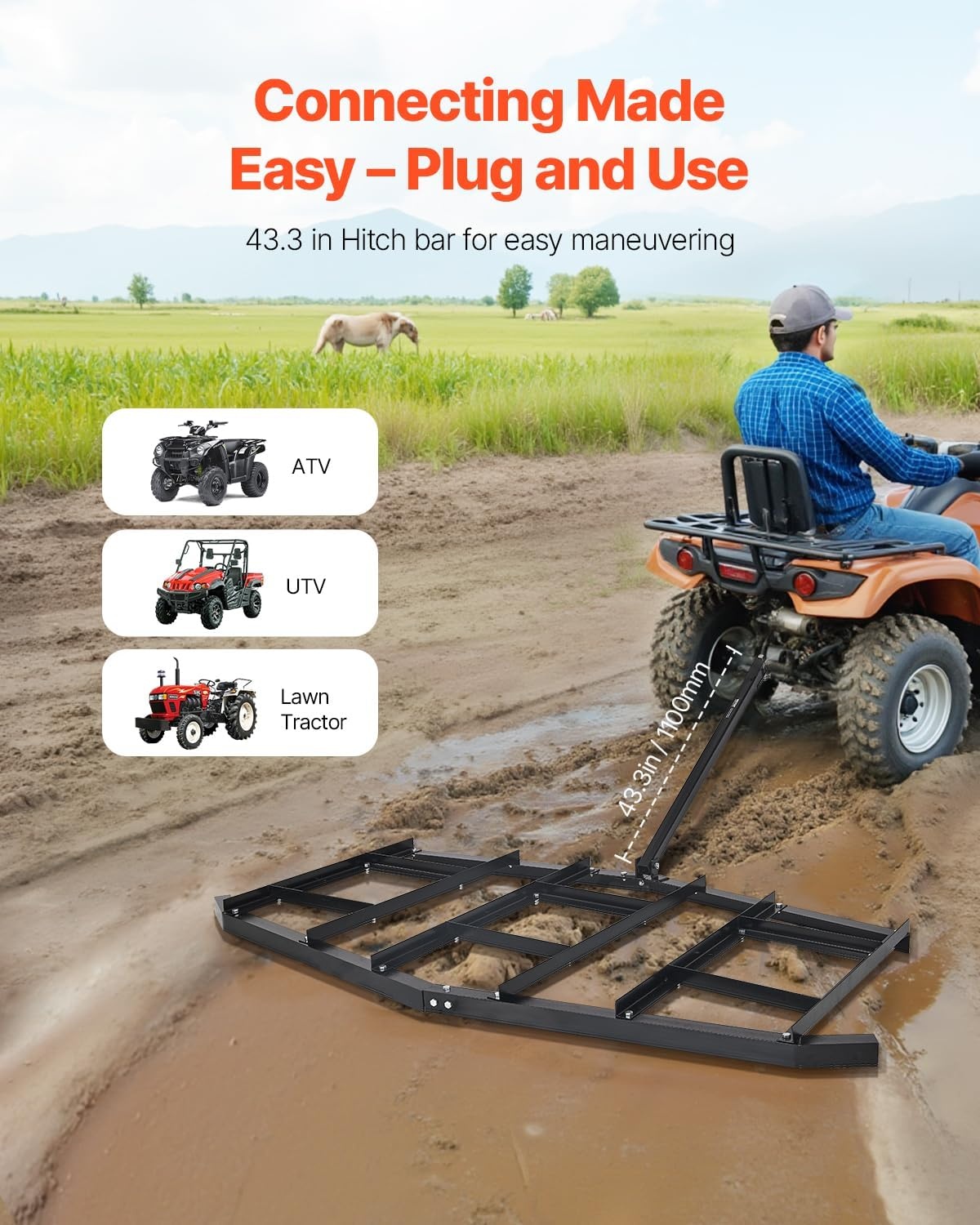 image:imageVEVOR Drag Harrow 84 Width Tow Behind Drag Harrow Q235 Steel Driveway Grader with Adjustable Bars amp Pin Hitch Support up to 50 lbs Tractor Driveway Harrow for ATVs UTVs Garden Lawn Tractors84 in
