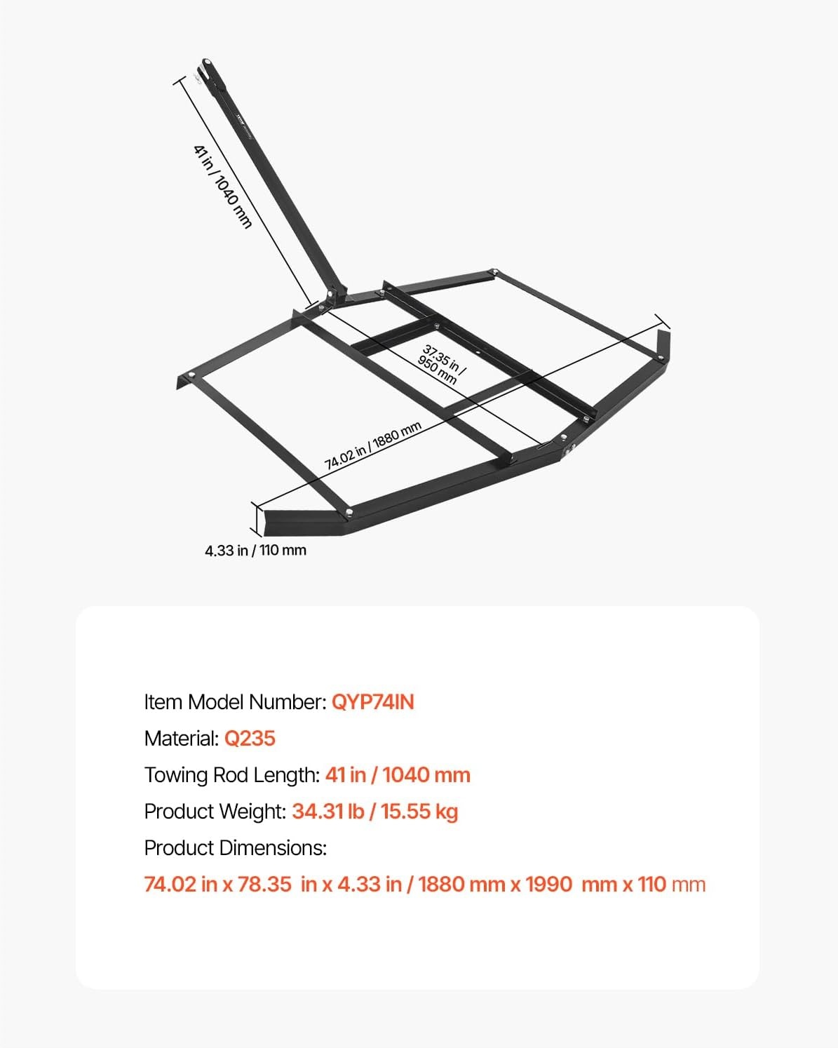 image:imageVEVOR Drag Harrow 84 Width Tow Behind Drag Harrow Q235 Steel Driveway Grader with Adjustable Bars amp Pin Hitch Support up to 50 lbs Tractor Driveway Harrow for ATVs UTVs Garden Lawn Tractors74 in