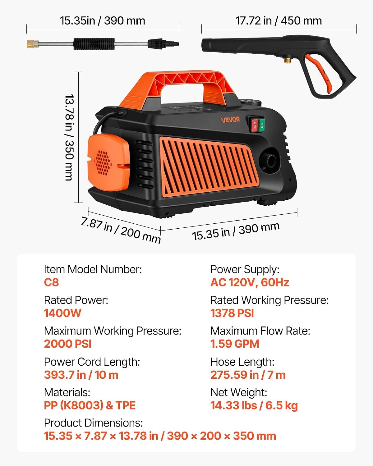 image:imageVEVOR Electric Pressure Washer 1958 Max PSI 25 Max GPM Portable Power Washer with 4 Nozzles Metal Extension Wand CommercialGrade 5Piston Plunger Pump High Pressure for CarsDrivewaysPatios2000 PSI 159 GPM