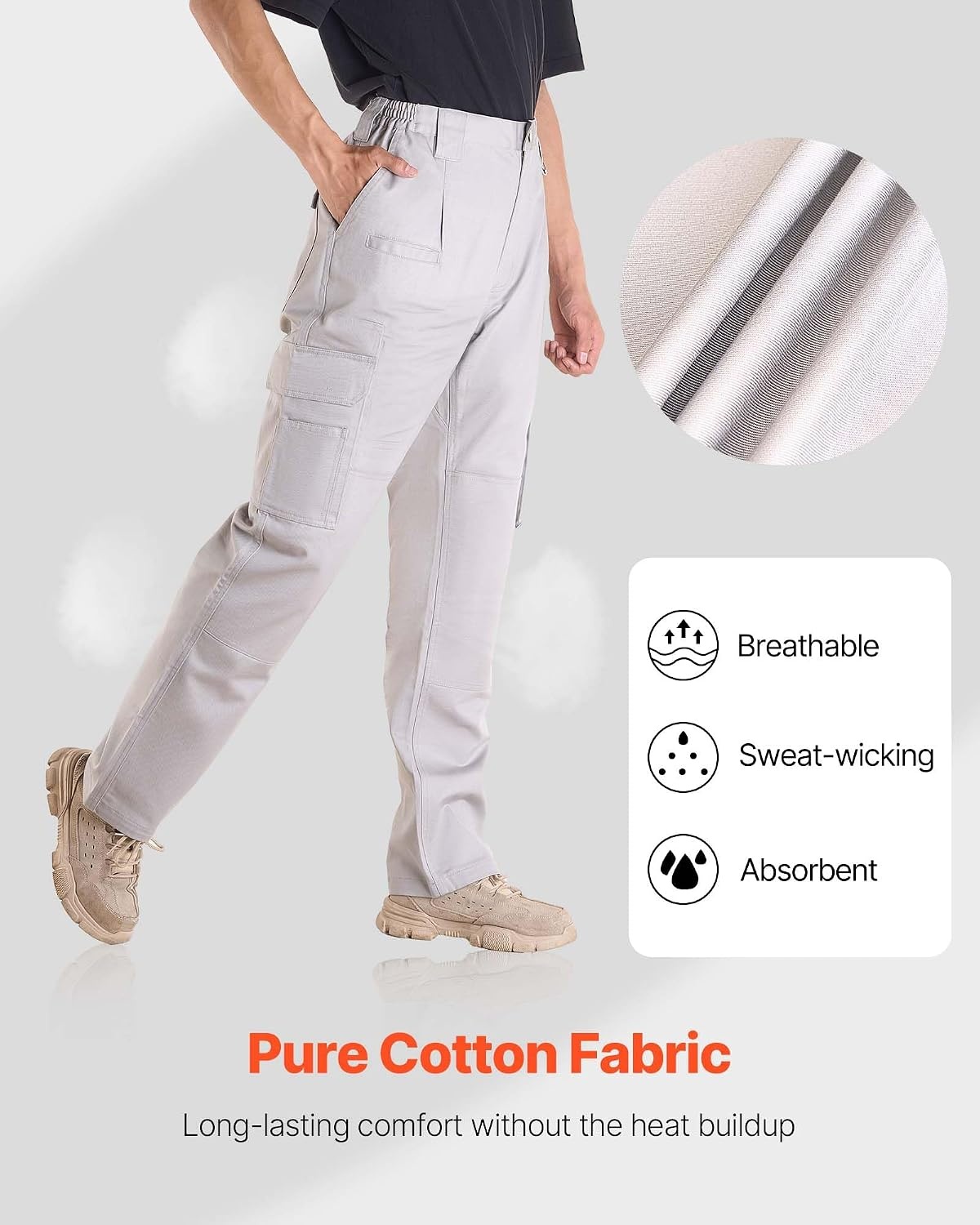 image:imageVEVOR FR Pants for Men 9 oz 100 Cotton FlameResistant Cargo Pants with MultiPockets and Elastic Waist Reinforced TearProof Stitching Ideal for Welding Work and Casual Wear M Size Gray