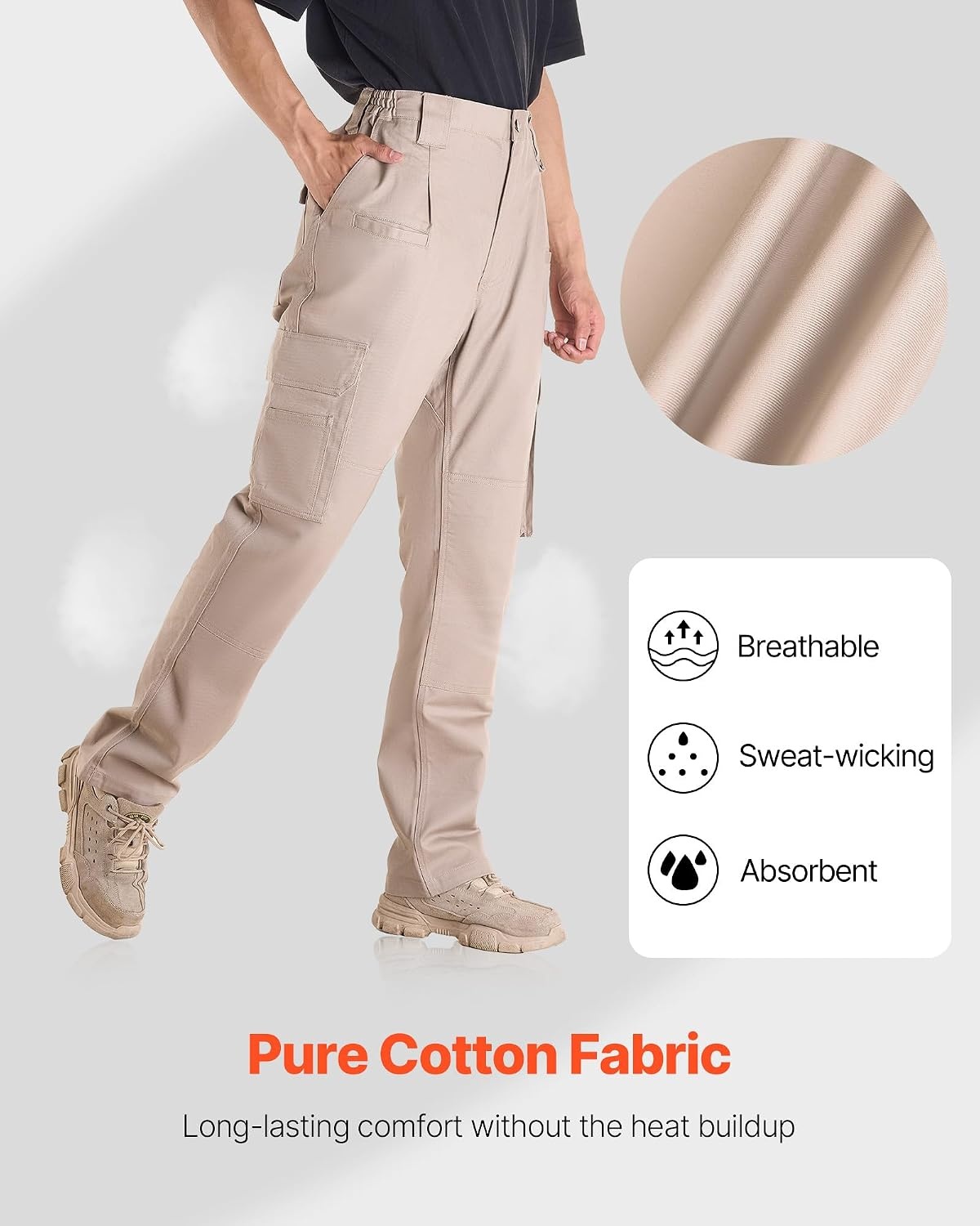 image:imageVEVOR FR Pants for Men 9 oz 100 Cotton FlameResistant Cargo Pants with MultiPockets and Elastic Waist Reinforced TearProof Stitching Ideal for Welding Work and Casual Wear L Size Khaki