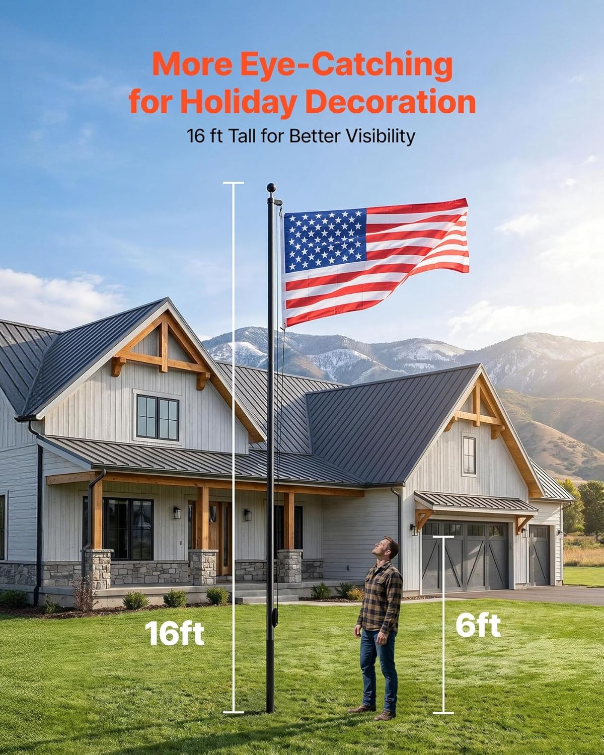 image:imageVEVOR Flag Pole 20ft Heavy Duty Telescopic Flagpole Kit with 136 LED Solar Light for Outside House In Ground Outdoor Aluminum Flagpole with 3x5 American Flag for Yard Residential Commercial BlackBlack16ftSectional
