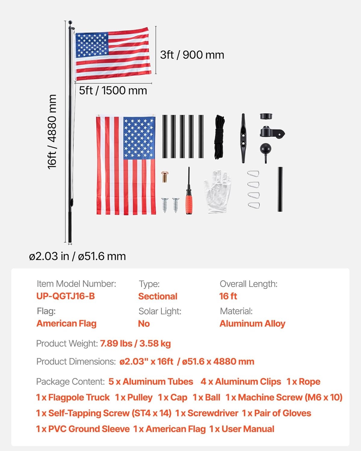 image:imageVEVOR Flag Pole 20ft Heavy Duty Telescopic Flagpole Kit with 136 LED Solar Light for Outside House In Ground Outdoor Aluminum Flagpole with 3x5 American Flag for Yard Residential Commercial BlackBlack16ftSectional