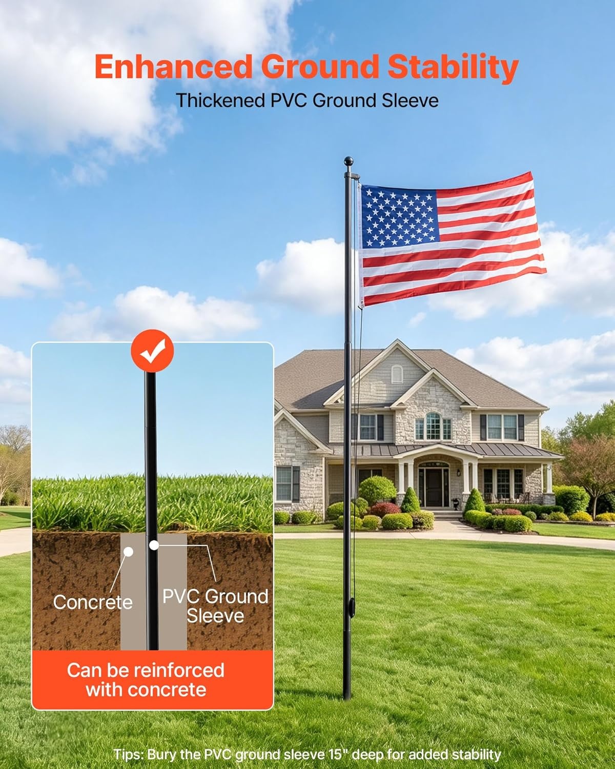 image:imageVEVOR Flag Pole 20ft Heavy Duty Telescopic Flagpole Kit with 136 LED Solar Light for Outside House In Ground Outdoor Aluminum Flagpole with 3x5 American Flag for Yard Residential Commercial BlackBlack16ftSectional