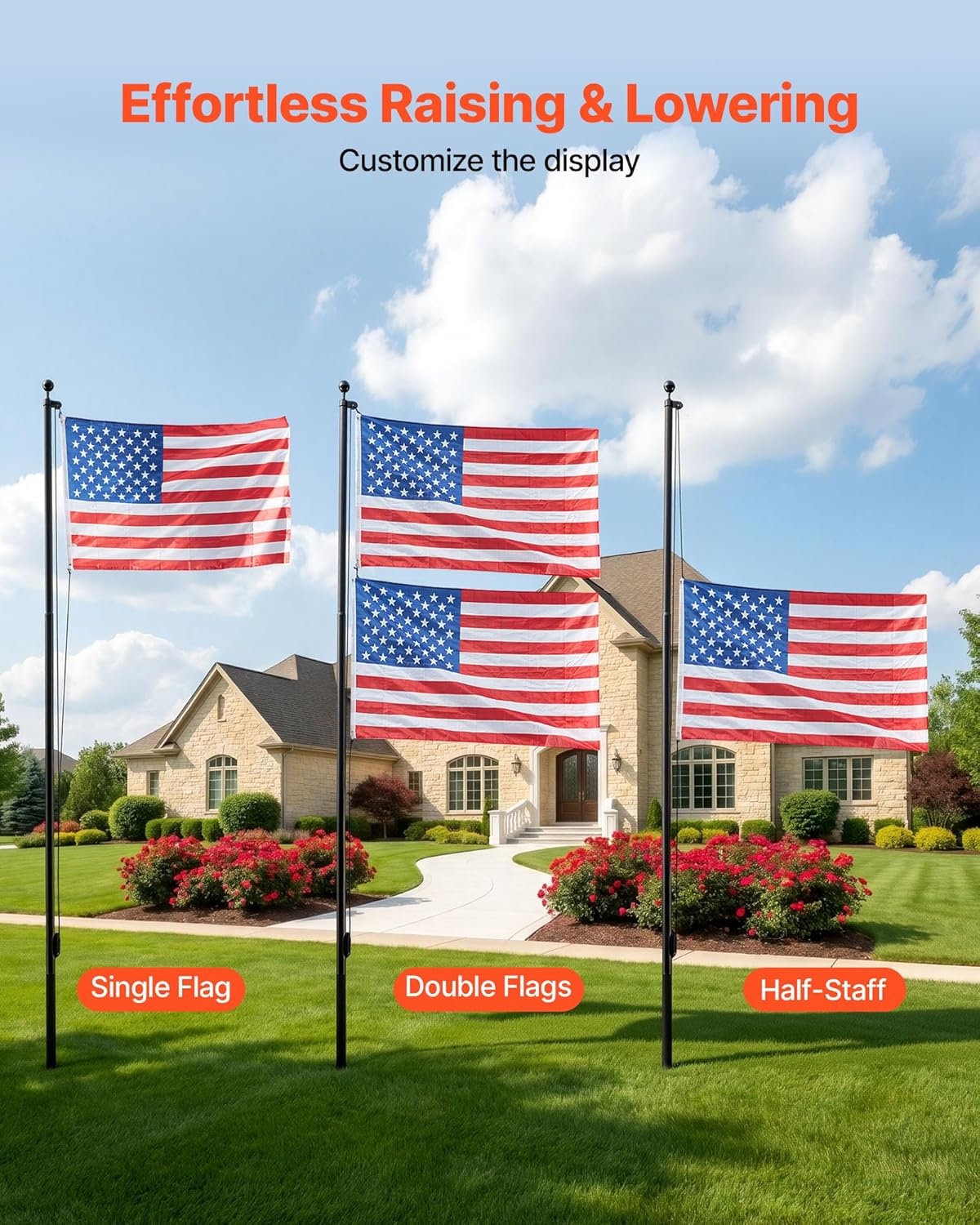 image:imageVEVOR Flag Pole 20ft Heavy Duty Telescopic Flagpole Kit with 136 LED Solar Light for Outside House In Ground Outdoor Aluminum Flagpole with 3x5 American Flag for Yard Residential Commercial BlackBlack16ftSectional