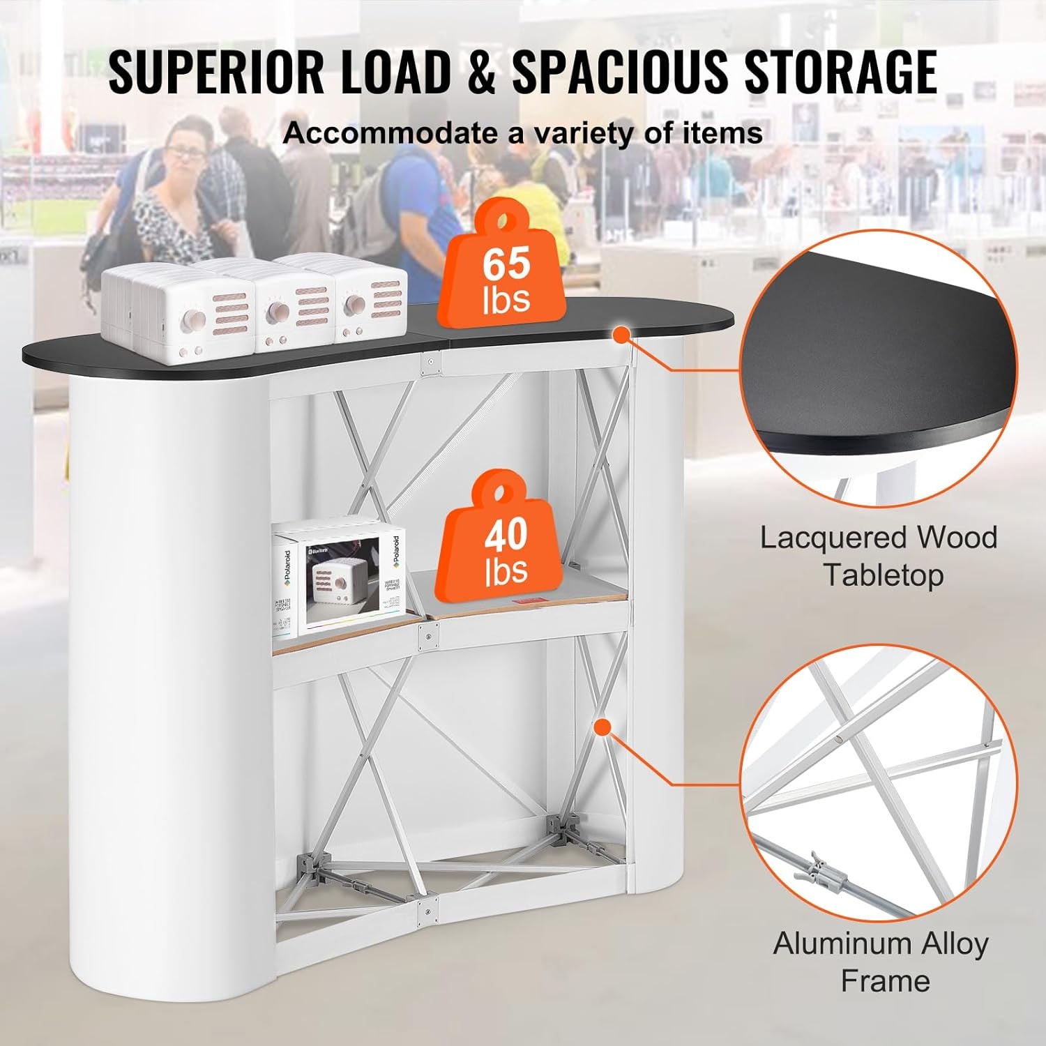 image:imageVEVOR Folding Portable Bar Table 433 x 152 x 348 in with Carry Bag 2 Storage Shelves and Detachable Skirt Quick and Easy Setup Foldable Mobile Bartending Station for Events Party Tradeshow51 Length