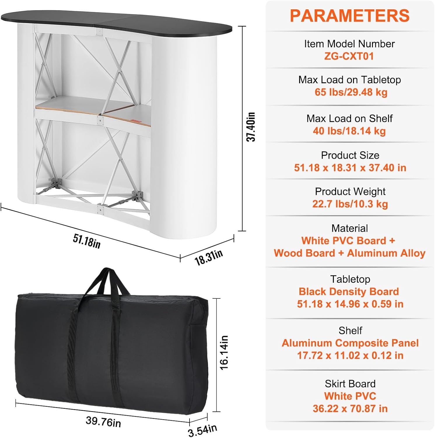 image:imageVEVOR Folding Portable Bar Table 433 x 152 x 348 in with Carry Bag 2 Storage Shelves and Detachable Skirt Quick and Easy Setup Foldable Mobile Bartending Station for Events Party Tradeshow51 Length