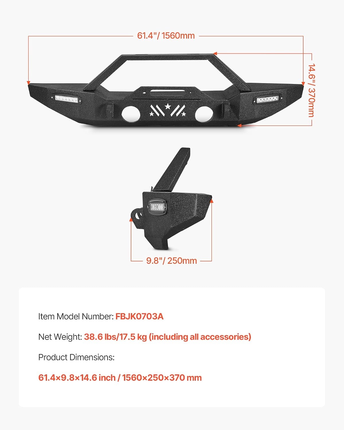 image:imageVEVOR Front Bumper Compatible with 20072024 Jeep Wrangler JKJKU JLJLU amp Gladiator JT with 2PCS LED Light Bars Winch Plate amp Fog Light Housing HeavyDuty Steel Front Bumper with ECoatingJK JL JT with LED light