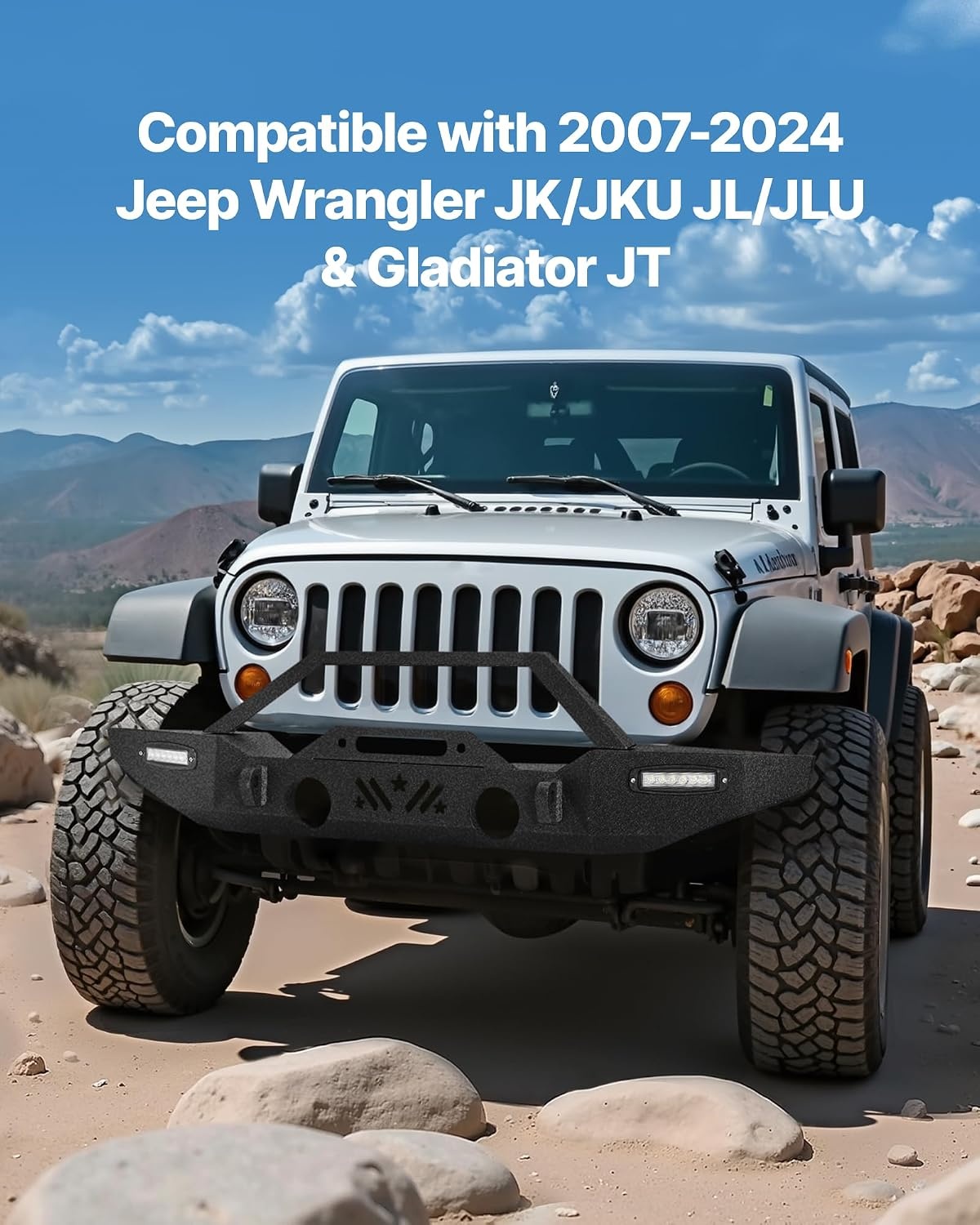 image:imageVEVOR Front Bumper Compatible with 20072024 Jeep Wrangler JKJKU JLJLU amp Gladiator JT with 2PCS LED Light Bars Winch Plate amp Fog Light Housing HeavyDuty Steel Front Bumper with ECoatingJK JL JT with LED light