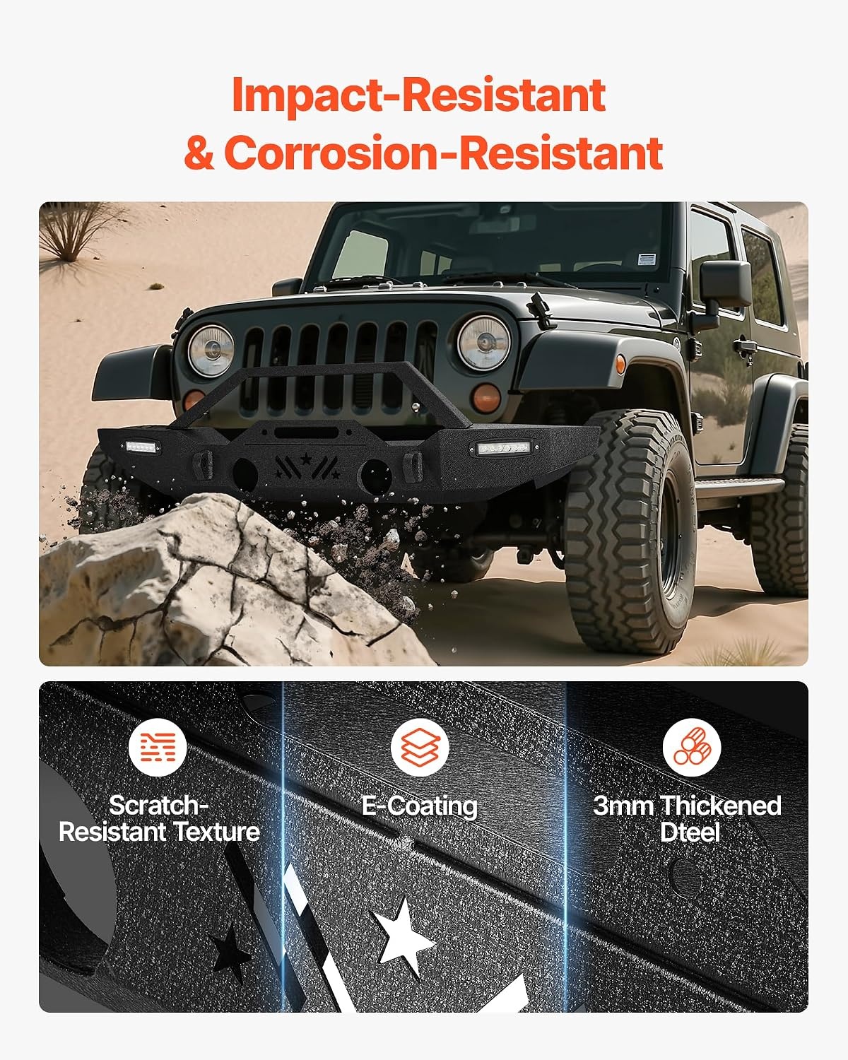 image:imageVEVOR Front Bumper Compatible with 20072024 Jeep Wrangler JKJKU JLJLU amp Gladiator JT with 2PCS LED Light Bars Winch Plate amp Fog Light Housing HeavyDuty Steel Front Bumper with ECoatingJK JL JT with LED light