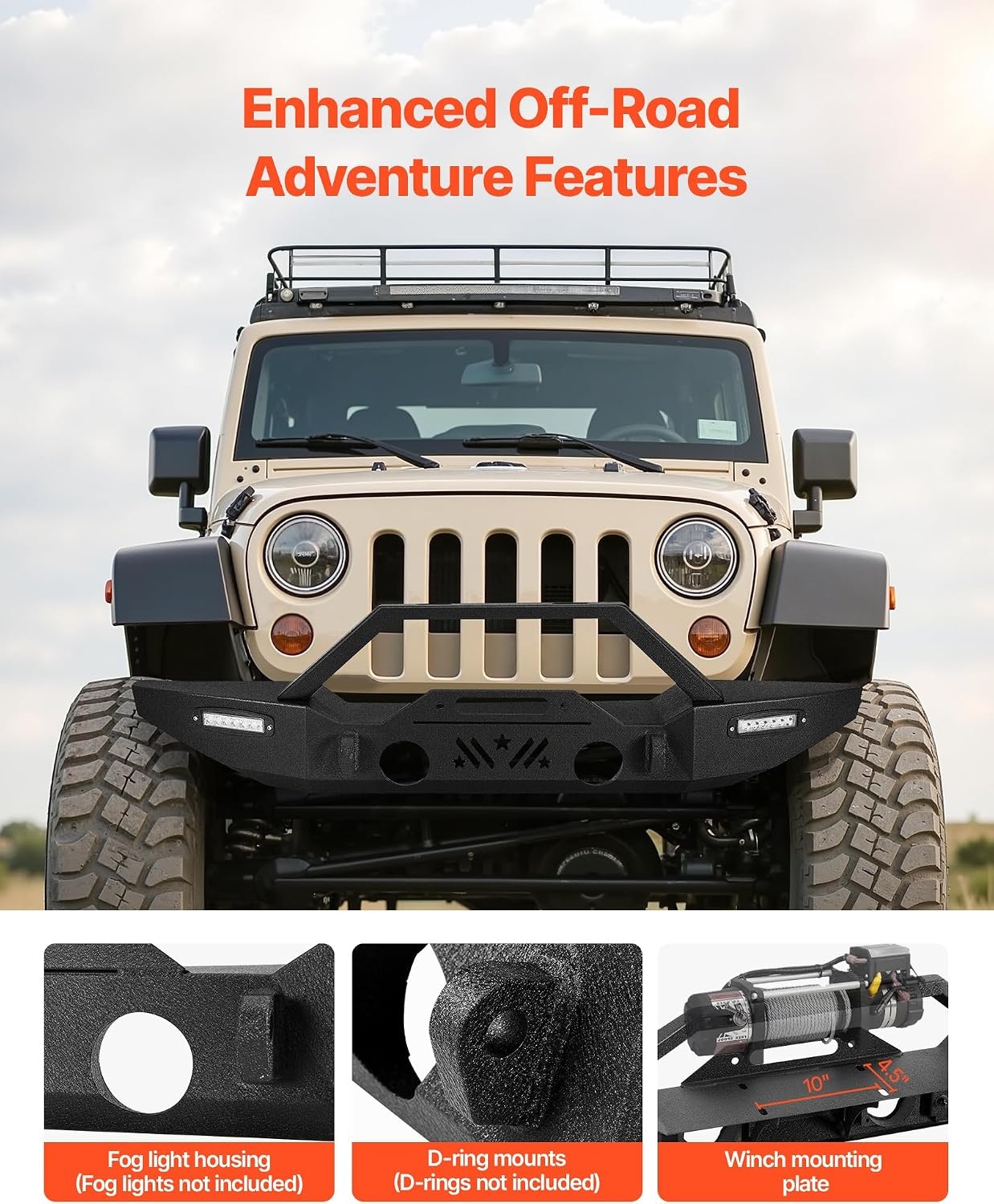 image:imageVEVOR Front Bumper Compatible with 20072024 Jeep Wrangler JKJKU JLJLU amp Gladiator JT with 2PCS LED Light Bars Winch Plate amp Fog Light Housing HeavyDuty Steel Front Bumper with ECoatingJK JL JT with LED light