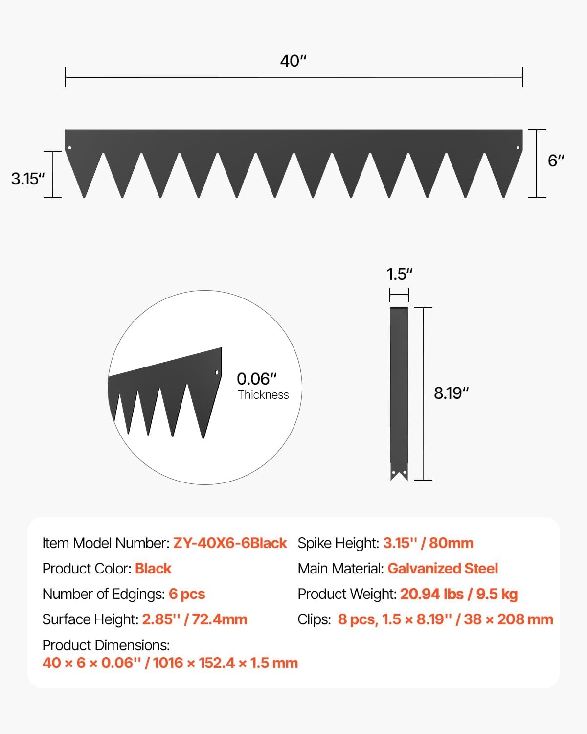 image:imageVEVOR Galvanized Steel Landscape Edging 6Pack 40 x 6 Inch Metal Edging for Landscaping with 6 Mounting Clips Bendable Metal Garden Edge Border for Flower Bed Yard Pathway Black40 L x 6 H 6 Pack