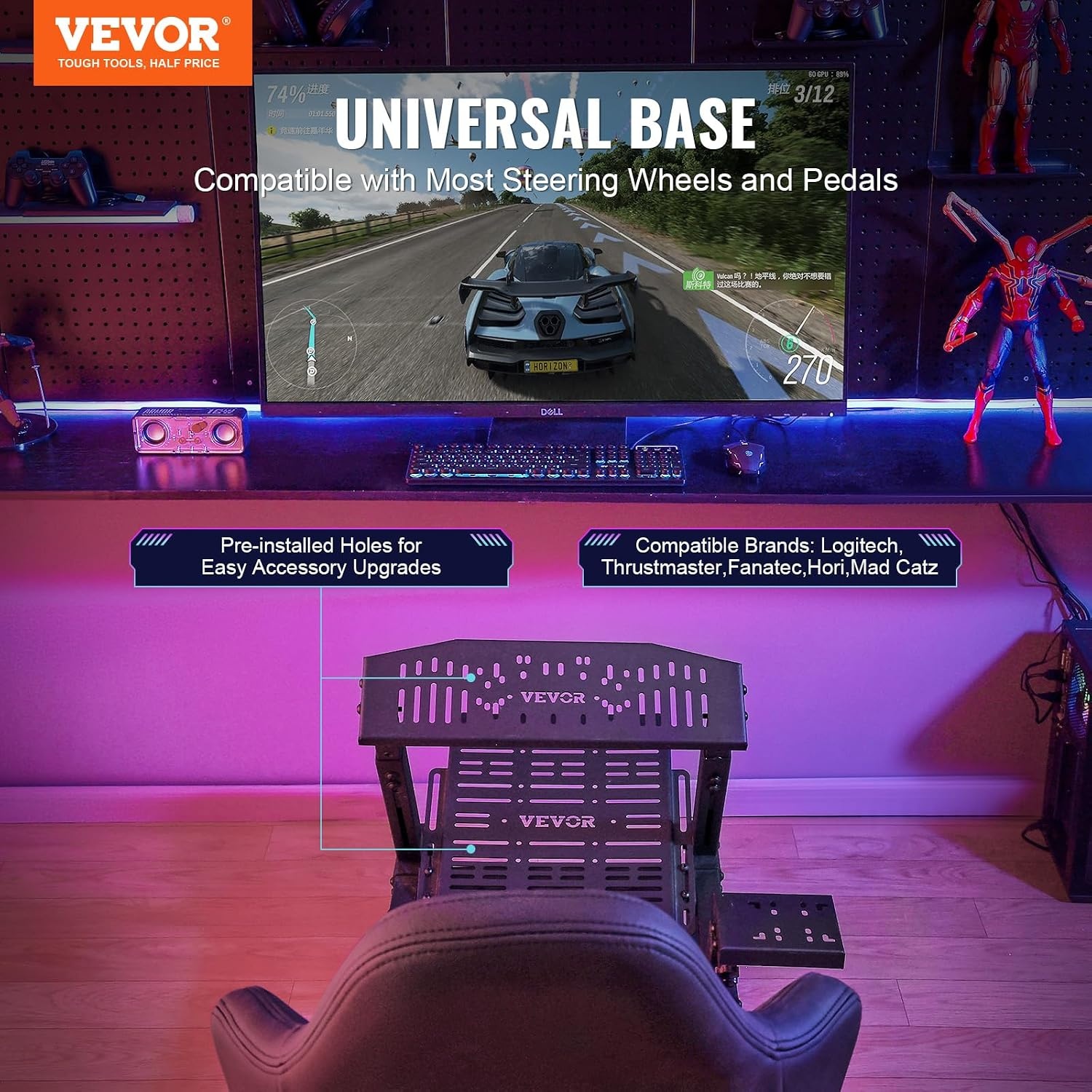 image:imageVEVOR Gaming Racing Wheel Stand Compatible with Logitech G923G920G29 amp Thrustmaster T248P HeavyDuty Adjustable Steering Wheel Stand Cockpit 330 lbs Capacity Compact for Sim Racing HeavyDuty Adjustable Steering Cockpit 330 lbs Capacity Compact for Sim Racing Premium Carbon SteelSmall Base without Wheels