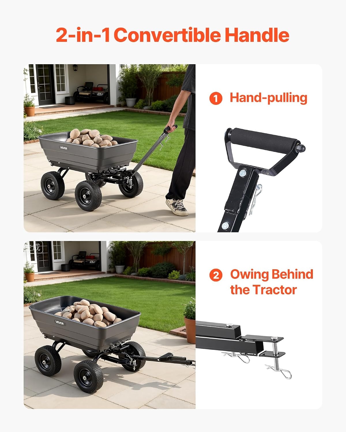 image:imageVEVOR Garden Dump Cart 1200 lbs Poly Dump Cart 7 Cu Ft Garden Carts Dumps Wagon with 2in1 Convertible Handle 90 QuickDumps Mechanism 180 Swivel Wheels Yard Wagon for Plants Soil Crops
