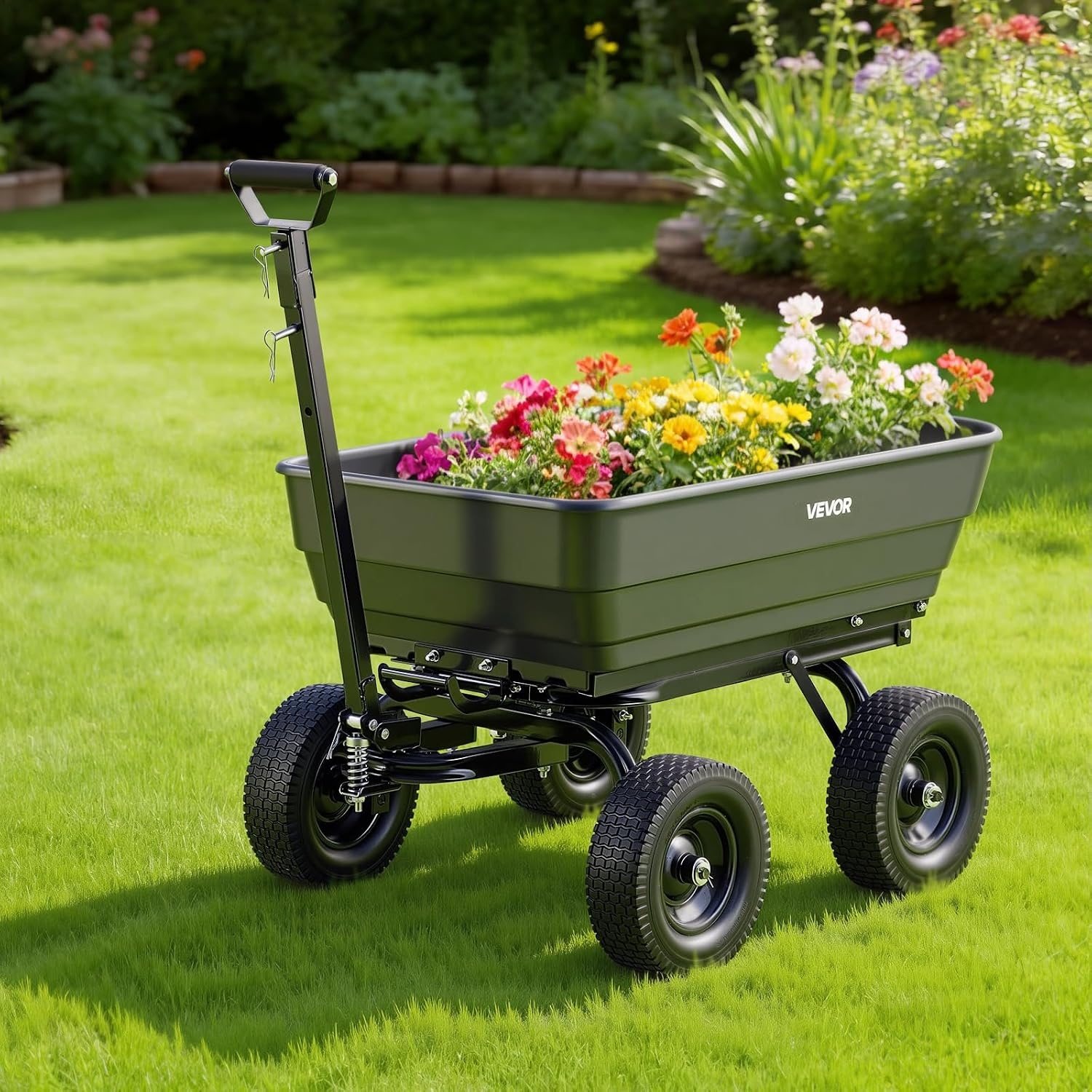 image:imageVEVOR Garden Dump Cart 1200 lbs Poly Dump Cart 7 Cu Ft Garden Carts Dumps Wagon with 2in1 Convertible Handle 90 QuickDumps Mechanism 180 Swivel Wheels Yard Wagon for Plants Soil Crops