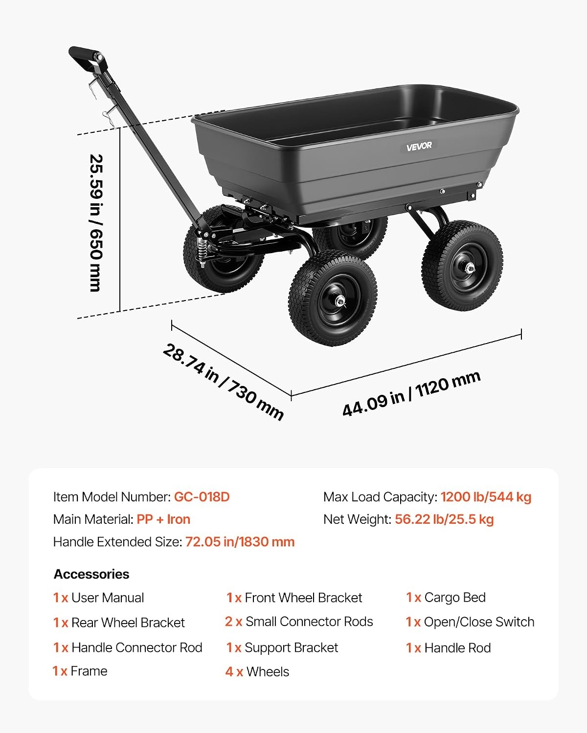image:imageVEVOR Garden Dump Cart 1200 lbs Poly Dump Cart 7 Cu Ft Garden Carts Dumps Wagon with 2in1 Convertible Handle 90 QuickDumps Mechanism 180 Swivel Wheels Yard Wagon for Plants Soil Crops