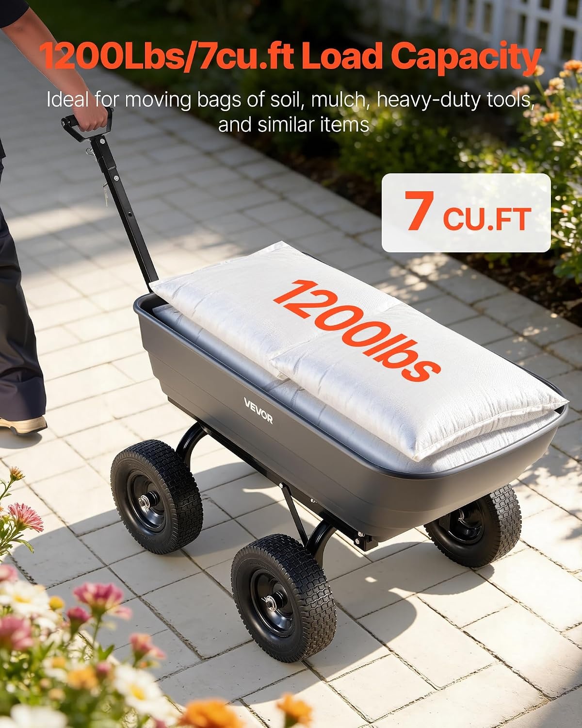 image:imageVEVOR Garden Dump Cart 1200 lbs Poly Dump Cart 7 Cu Ft Garden Carts Dumps Wagon with 2in1 Convertible Handle 90 QuickDumps Mechanism 180 Swivel Wheels Yard Wagon for Plants Soil Crops