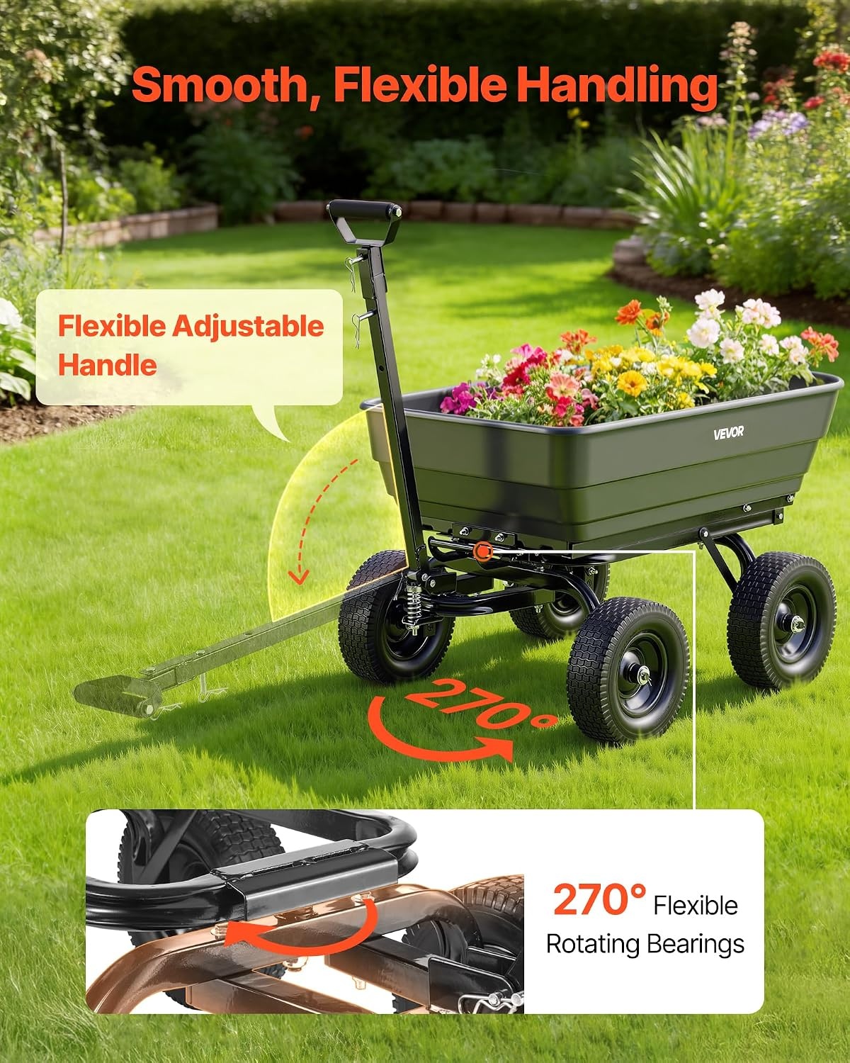 image:imageVEVOR Garden Dump Cart 1200 lbs Poly Dump Cart 7 Cu Ft Garden Carts Dumps Wagon with 2in1 Convertible Handle 90 QuickDumps Mechanism 180 Swivel Wheels Yard Wagon for Plants Soil Crops