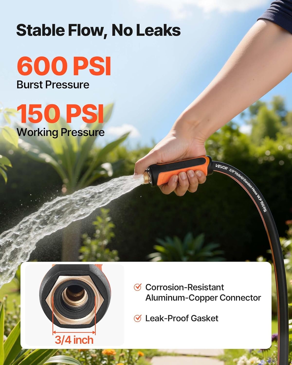 image:imageVEVOR Garden Hose 75 ft 58 Heavy Duty 4Layer Rubber Water Hose 150PSI Working amp 600PSI Burst Flexible amp Nonkink Outdoor Waterhose with 34 Fitting Lightweight Hoses for Gardening Cleaning75 ft