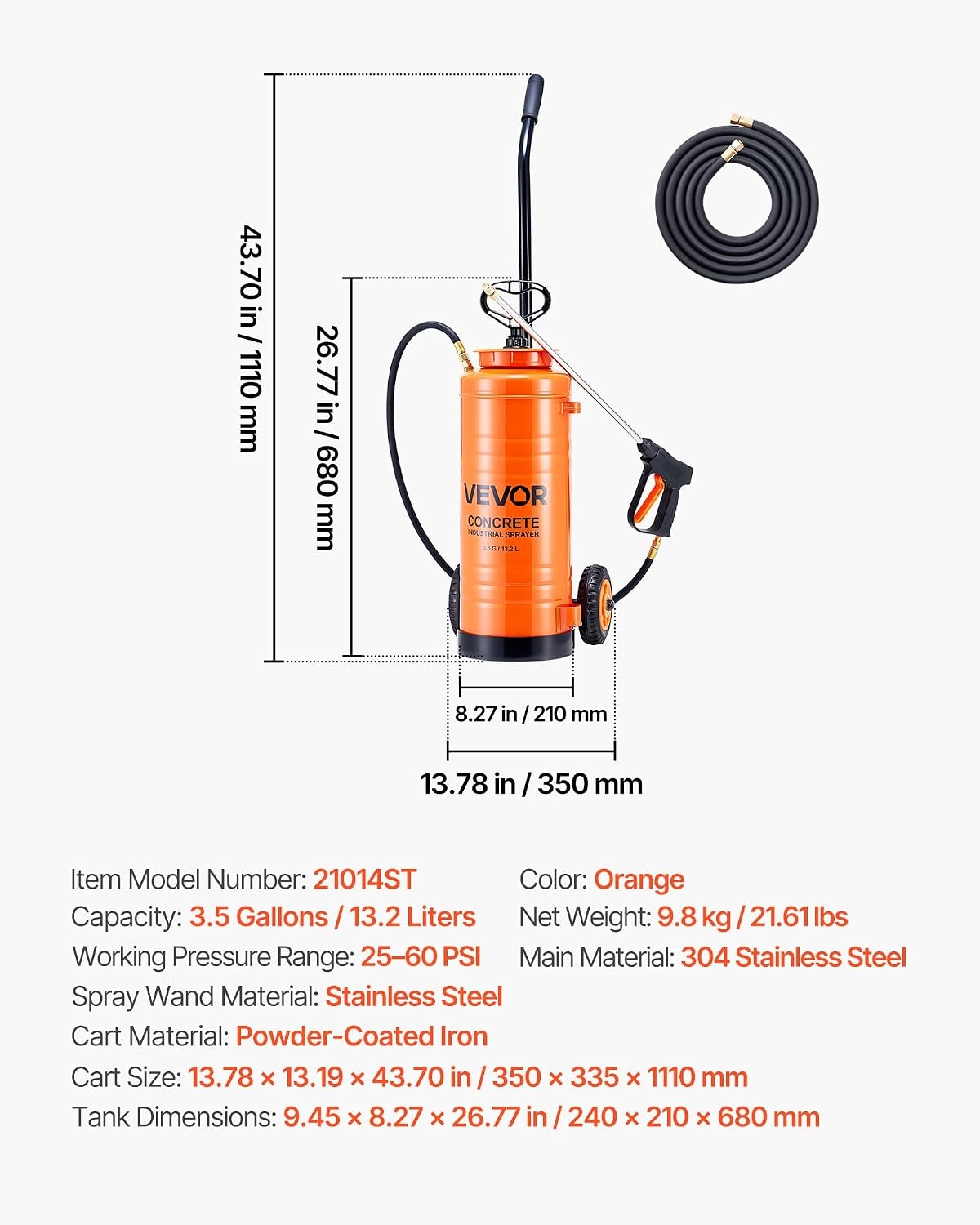 image:imageVEVOR Industrial Concrete Sprayer 35 Gallon Stainless Steel Sprayer Heavy Duty TriPoxy Pump Sprayers 205Wand with Ergonomic Gun Handle 48amp 120Hose 2 Brass Nozzles for Construction Garden35 Gal with Cart