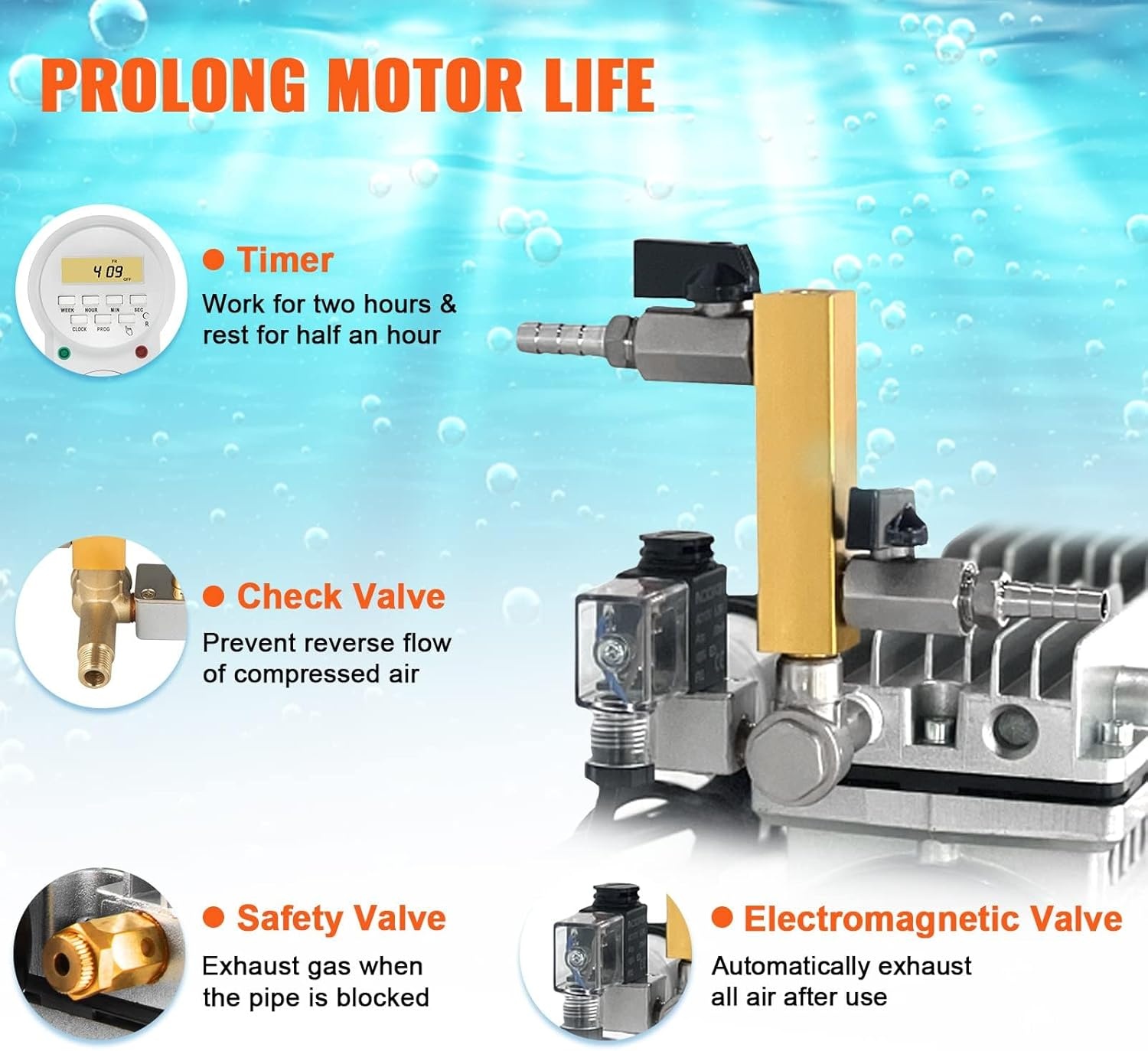 image:imageVEVOR Pond Aerator 550W Power 52CFM for Up to 3 Acre 50 Lake Pond Aeration Kit Includes 34 HP Compressor amp Timer amp Valves Air Compressor for Deep Water Oxygen Circulation for Pond Lake2 diffusers