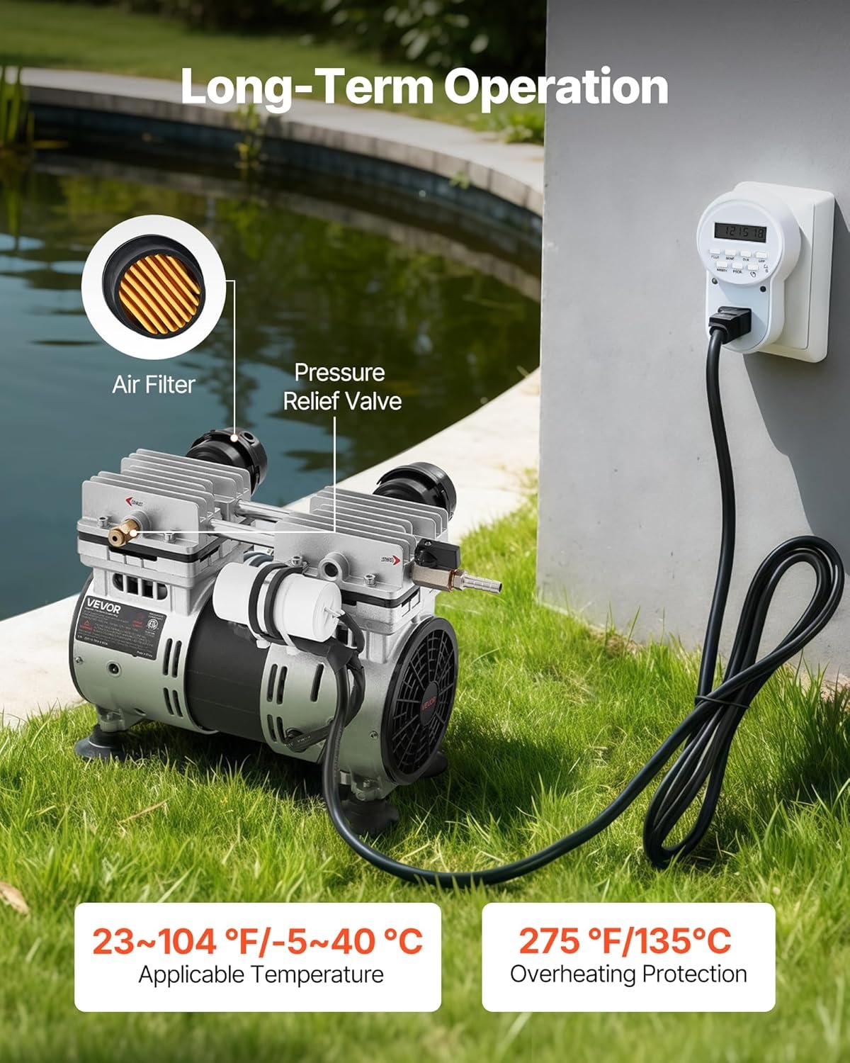 image:imageVEVOR Pond Aerator 550W Power 52CFM for Up to 3 Acre 50 Lake Pond Aeration Kit Includes 34 HP Compressor amp Timer amp Valves Air Compressor for Deep Water Oxygen Circulation for Pond Lake67CFMNo diffuser
