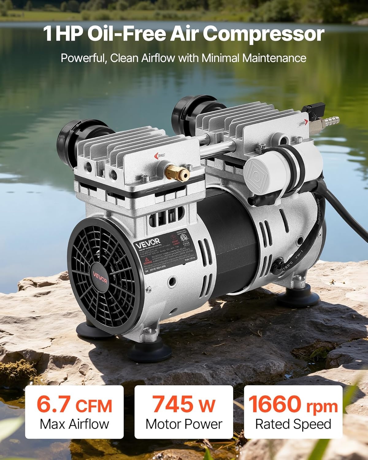 image:imageVEVOR Pond Aerator 550W Power 52CFM for Up to 3 Acre 50 Lake Pond Aeration Kit Includes 34 HP Compressor amp Timer amp Valves Air Compressor for Deep Water Oxygen Circulation for Pond Lake67CFMNo diffuser
