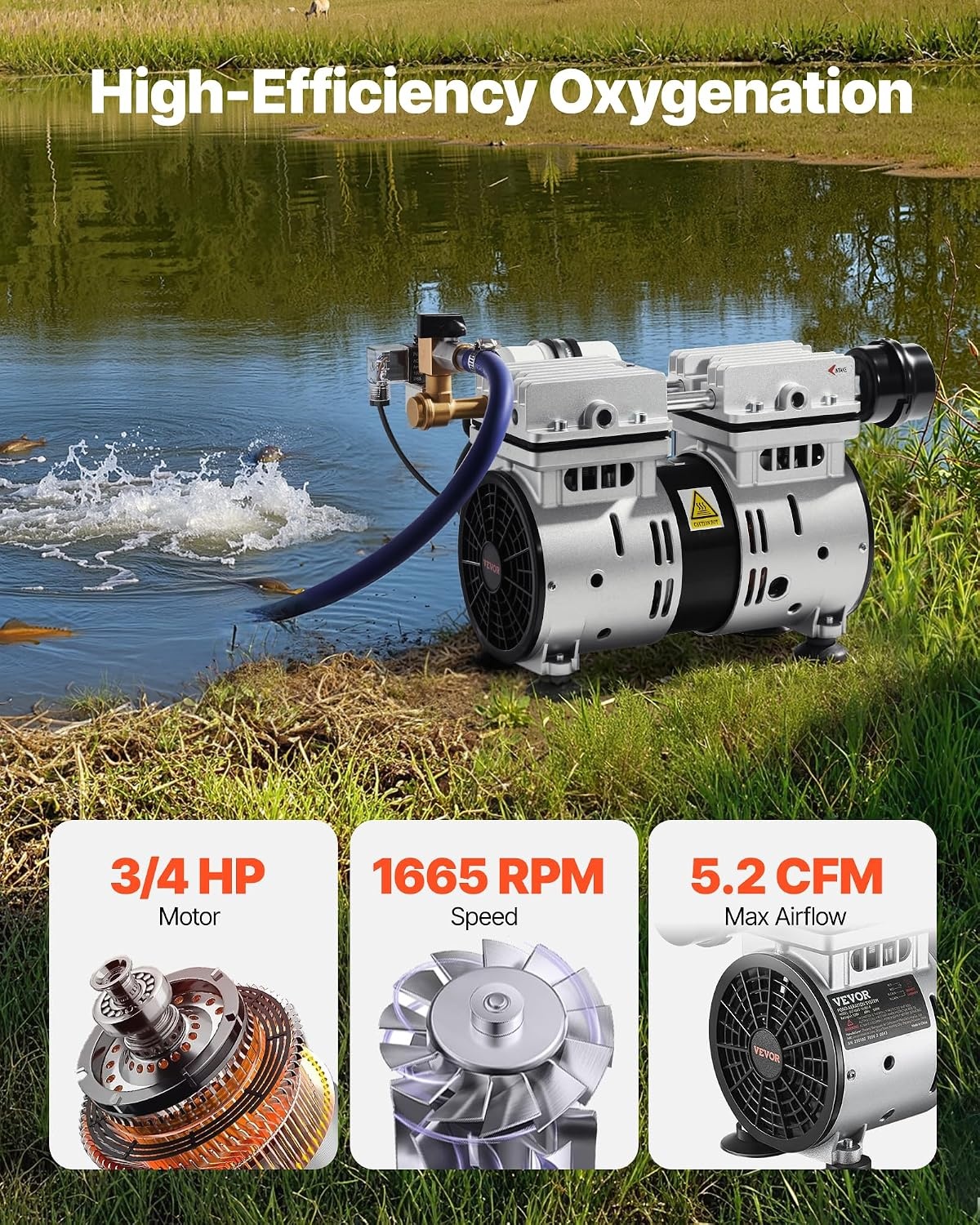 image:imageVEVOR Pond Aerator 550W Power 52CFM for Up to 3 Acre 50 Lake Pond Aeration Kit Includes 34 HP Compressor amp Timer amp Valves Air Compressor for Deep Water Oxygen Circulation for Pond LakeNo diffuser