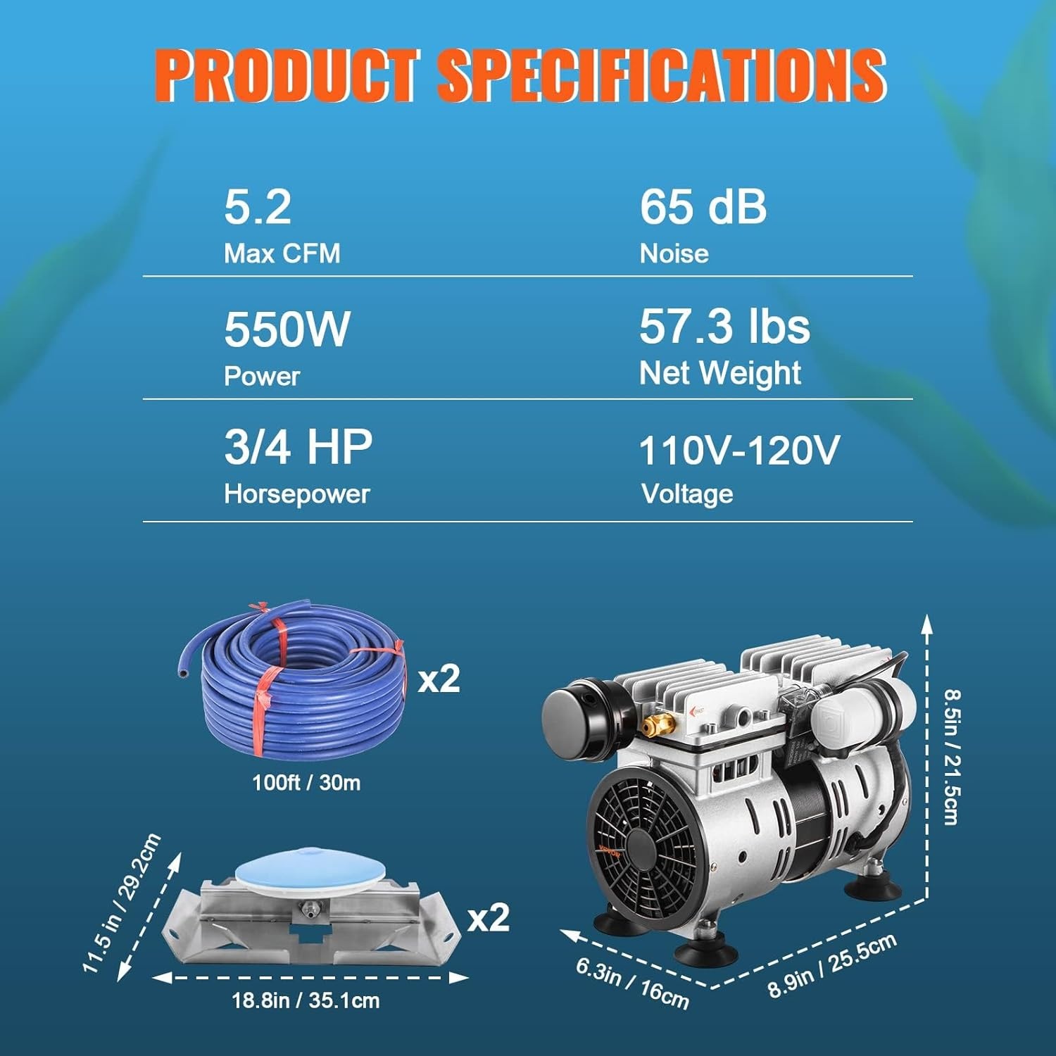 image:imageVEVOR Pond Aerator 550W Power 52CFM for Up to 3 Acre 50 Lake Pond Aeration Kit Includes 34 HP Compressor amp Timer amp Valves Air Compressor for Deep Water Oxygen Circulation for Pond Lake2 diffusers