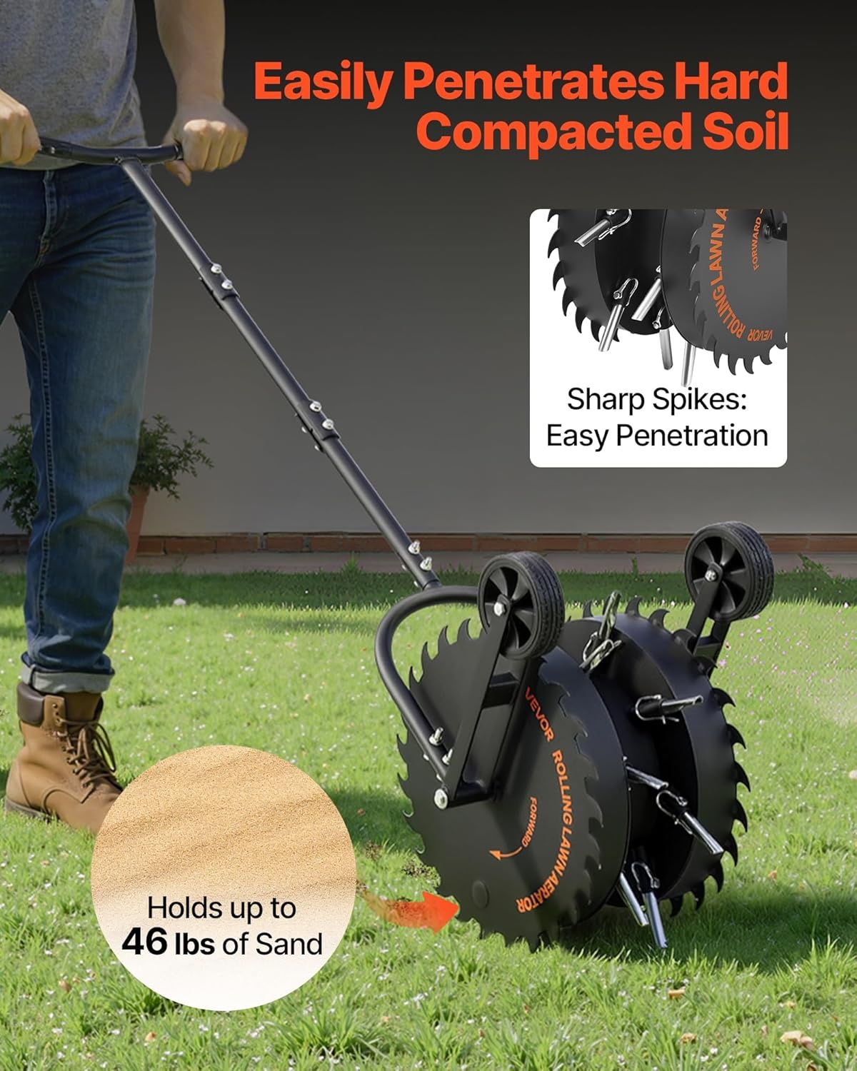image:imageVEVOR Rolling Lawn Core Aerator 166 in Coring Aerator Roller with AntiClog Tines Heavy Duty amp RustResistant Yard Grass Pulling Plugs Manual Aeration Tool for Compacted Garden Soil Loosening