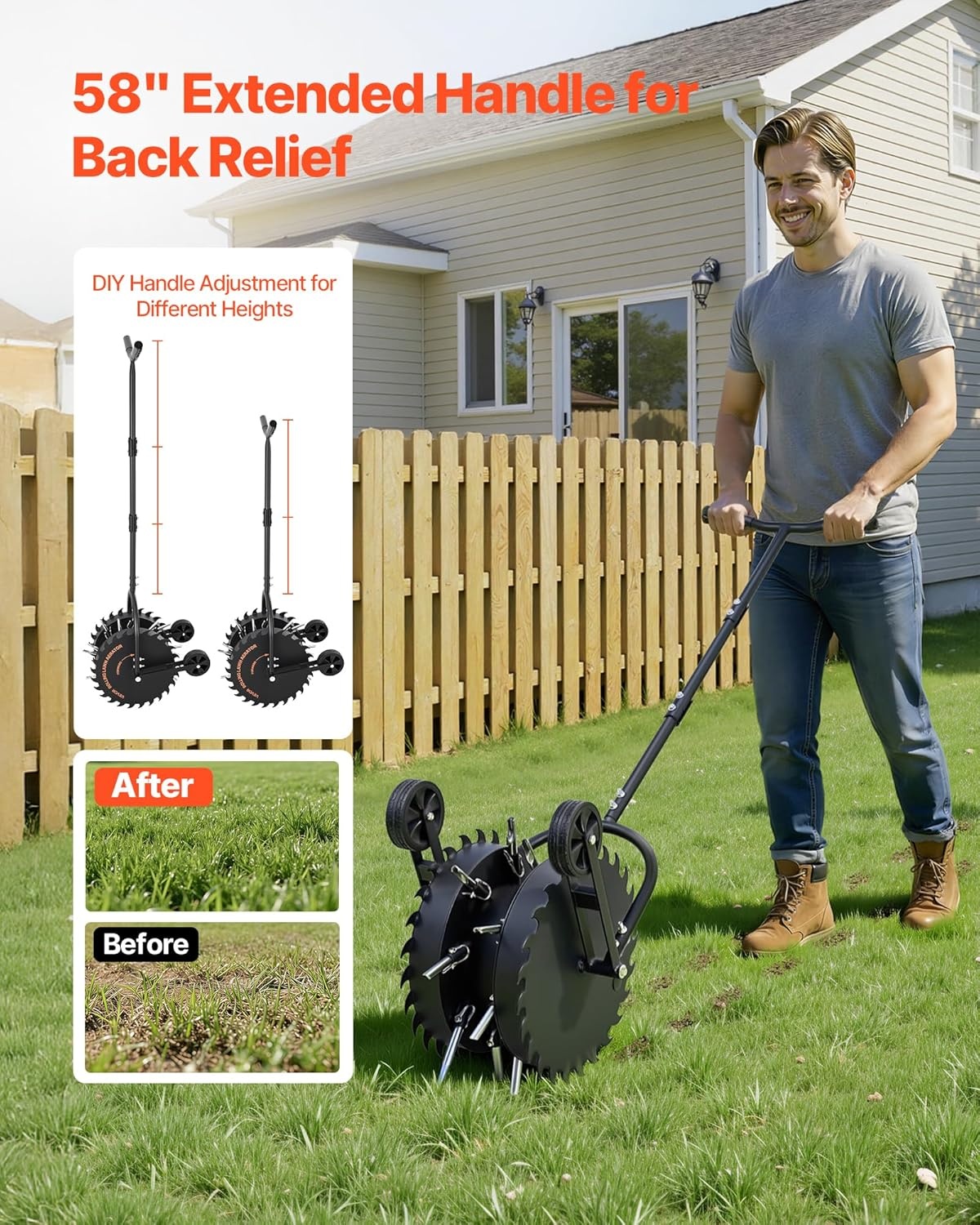 image:imageVEVOR Rolling Lawn Core Aerator 166 in Coring Aerator Roller with AntiClog Tines Heavy Duty amp RustResistant Yard Grass Pulling Plugs Manual Aeration Tool for Compacted Garden Soil Loosening