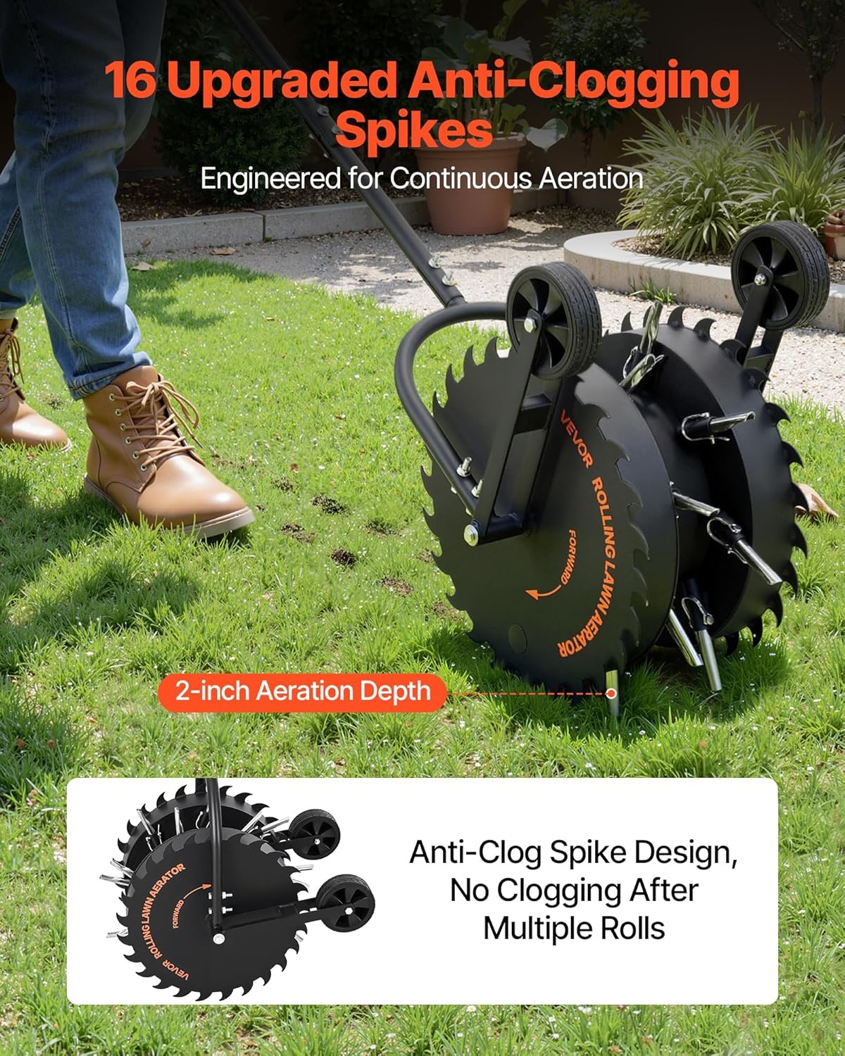 image:imageVEVOR Rolling Lawn Core Aerator 166 in Coring Aerator Roller with AntiClog Tines Heavy Duty amp RustResistant Yard Grass Pulling Plugs Manual Aeration Tool for Compacted Garden Soil Loosening