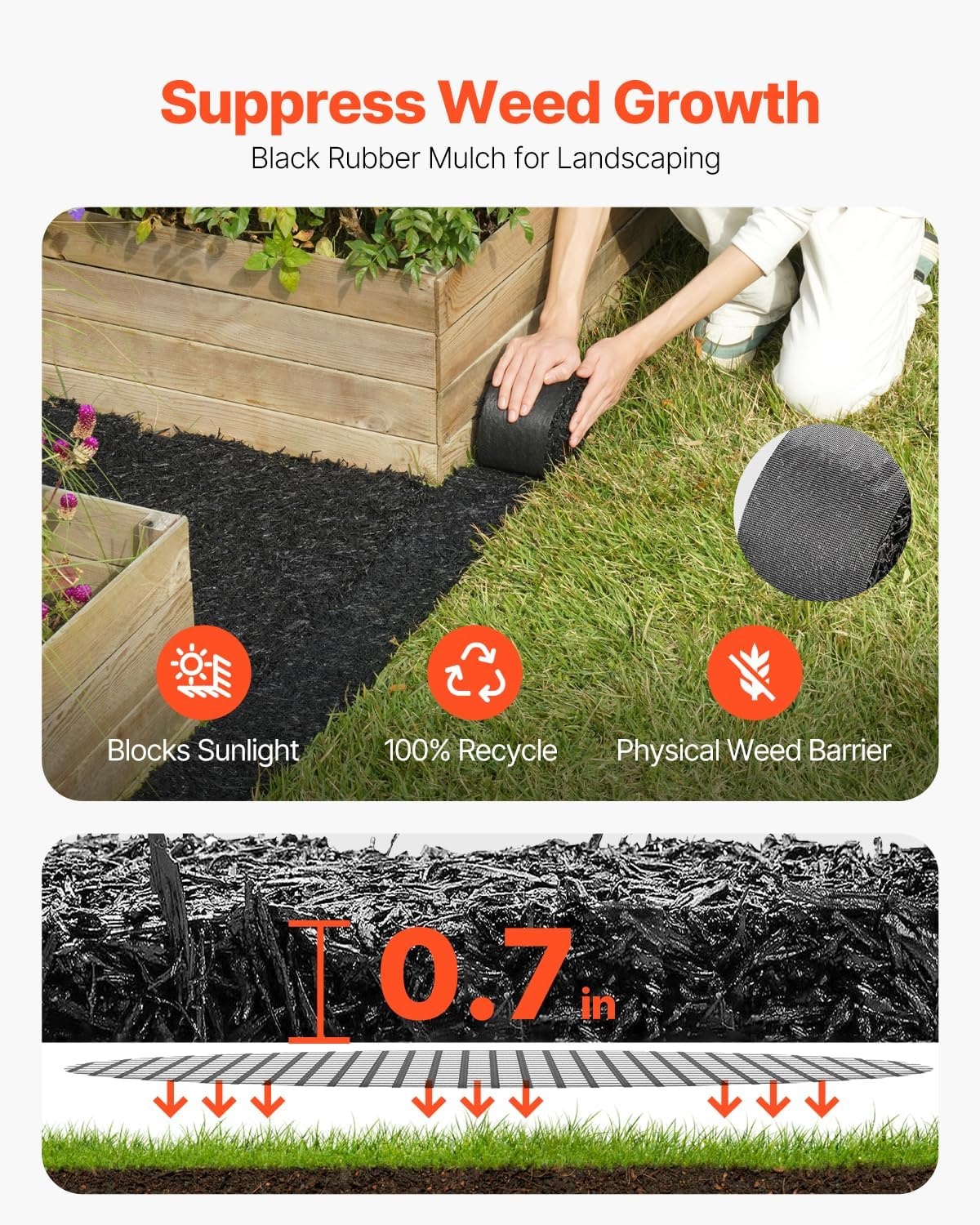 image:imageVEVOR Rubber Mulch Mat Roll 96 x 22 in Recycled Rubber Mulch Mat 05 Thick Cuttable Reduced Weed Growth NaturalLooking Weed Barrier Mat Permanent Walkway Pathway for Landscaping120 x 45 in