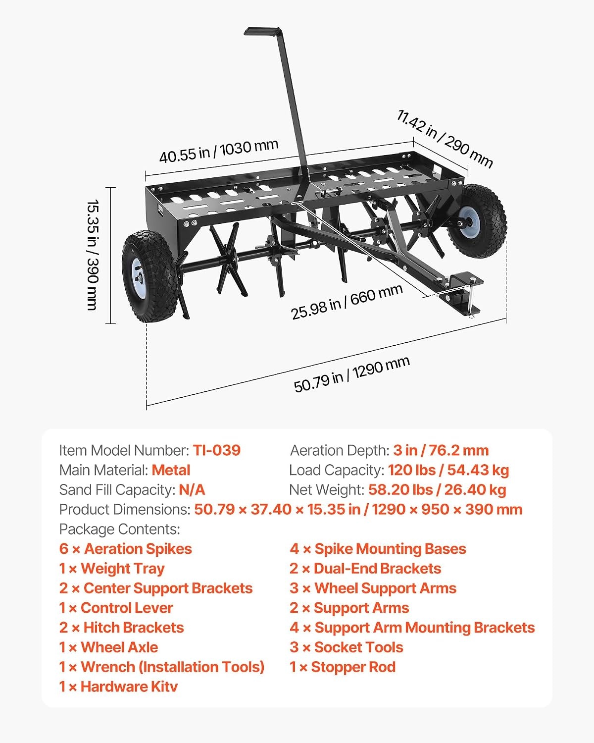 image:imageVEVOR Tow Behind Plug Aerator 40 in Lawn Core Aerator Tool Universal Hitch 150lbs Weight Capacity Heavy Duty Pull Behind Spike Aerators with Tray amp 106 in Wheels for Farmland amp Garden TractorsCore Aerator 40in