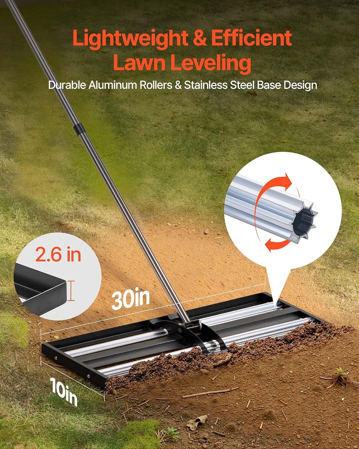 image:imageVEVOR Updated Lawn Leveling Rake with Roller 36 x 10 Stainless Steel Lawn Leveler with 839 Adjustable Handle Heavy Duty Yard Leveling Rake Effort Saving Lawn Leveling Tool for Yard Golf Court10x30x84inwith Roller