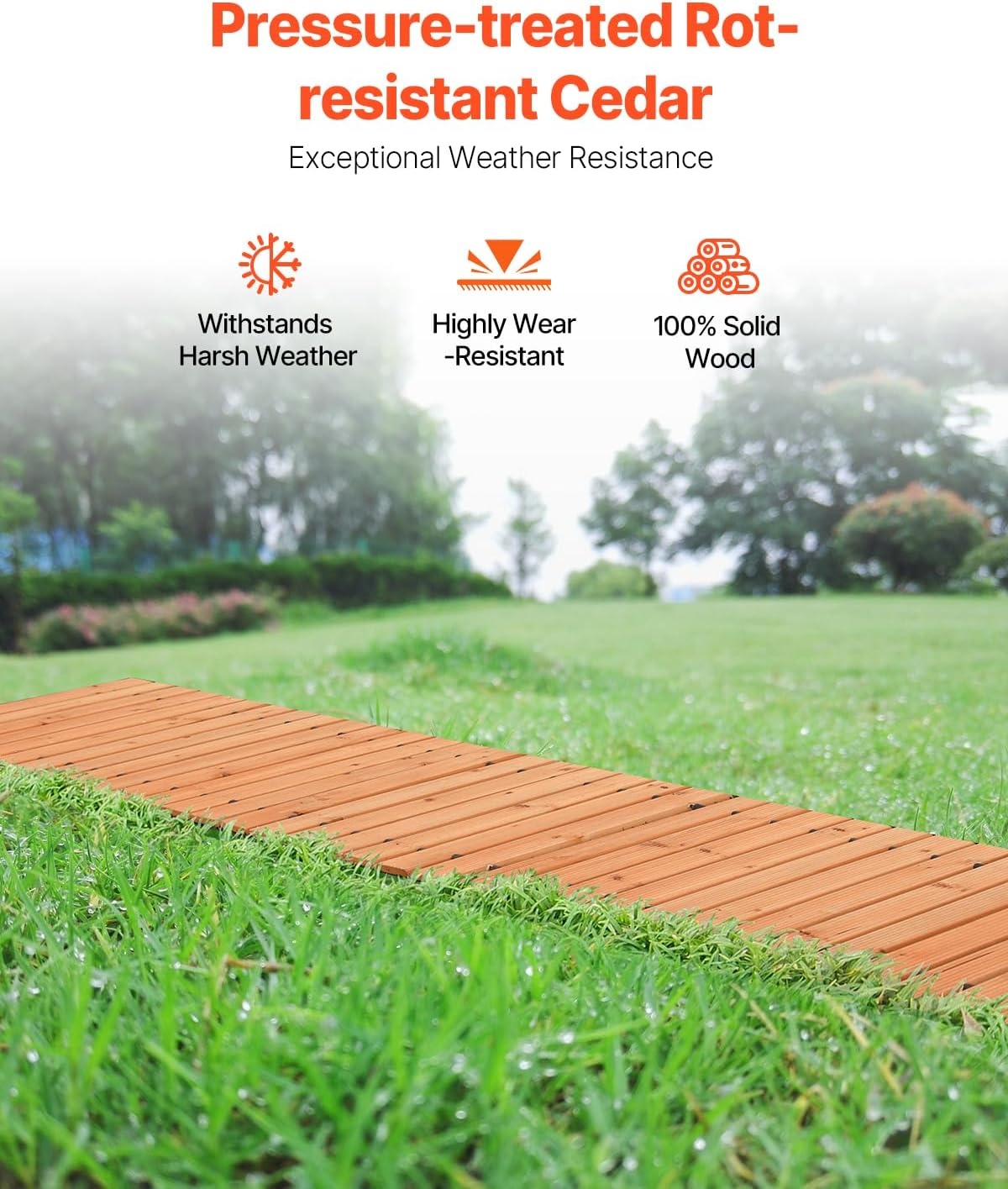 image:imageVEVOR Wooden Garden Pathway 8 ft L x 17 in W NonSlip Straight Garden Walkway Roll Out Cedar Outdoor Walkway Path with Wire Rope Connection Decorative Garden Paver for Backyard Wedding Party12ft17in