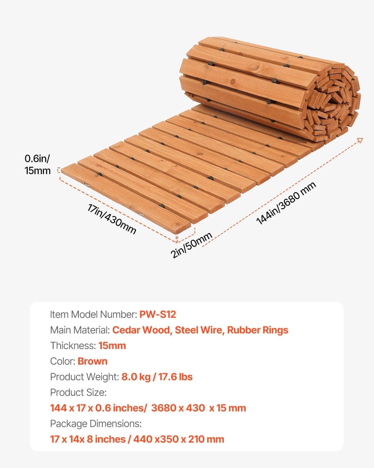 image:imageVEVOR Wooden Garden Pathway 8 ft L x 17 in W NonSlip Straight Garden Walkway Roll Out Cedar Outdoor Walkway Path with Wire Rope Connection Decorative Garden Paver for Backyard Wedding Party12ft17in