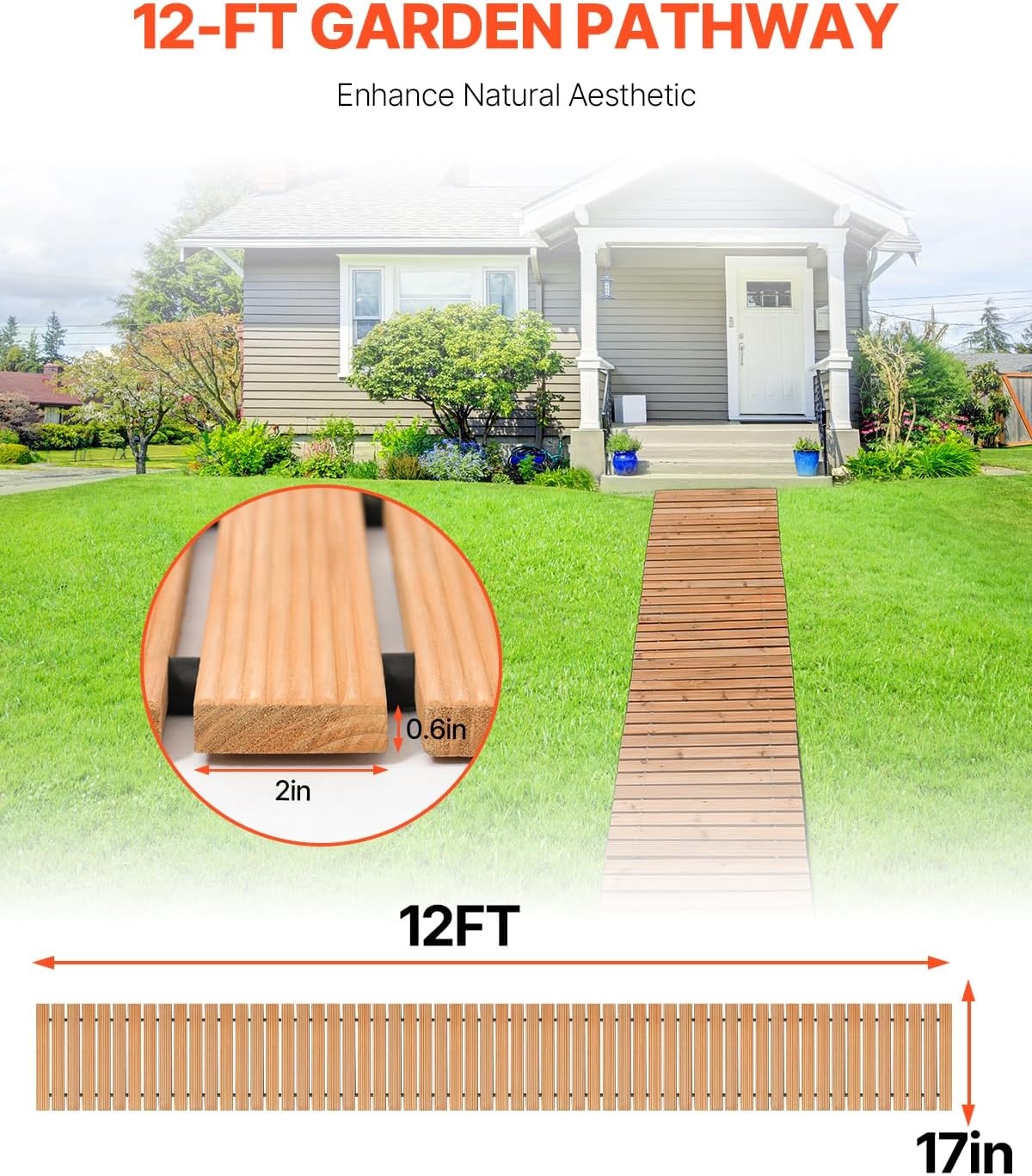 image:imageVEVOR Wooden Garden Pathway 8 ft L x 17 in W NonSlip Straight Garden Walkway Roll Out Cedar Outdoor Walkway Path with Wire Rope Connection Decorative Garden Paver for Backyard Wedding Party12ft17in