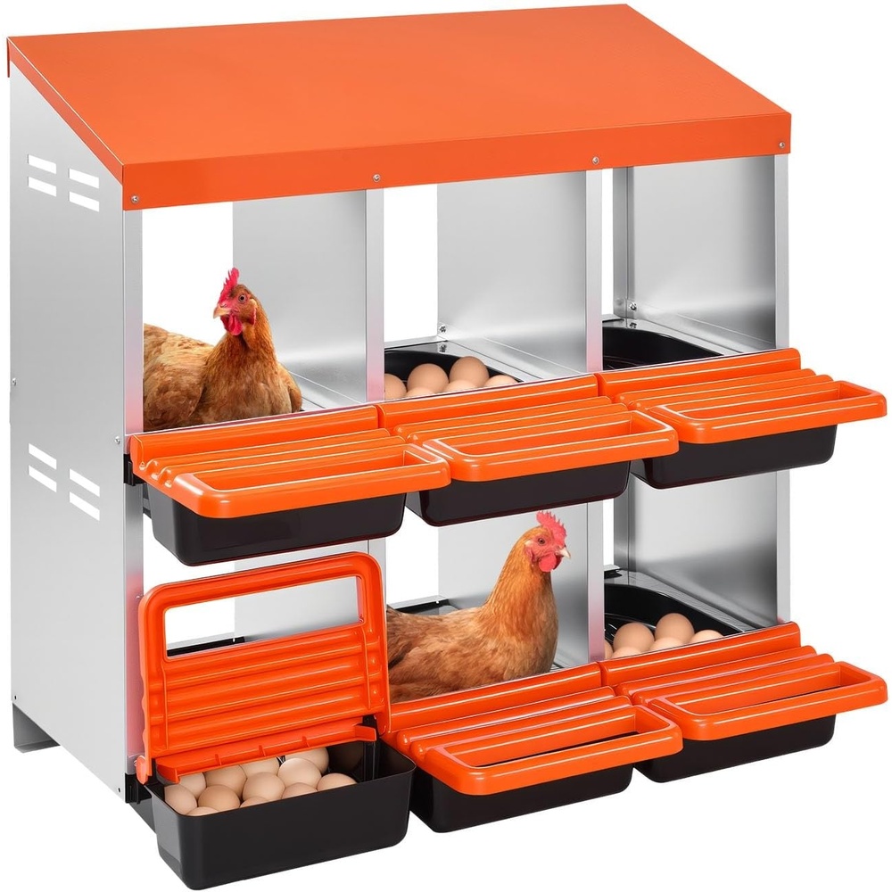 image:imageVEVOR 2 Tiers Chicken Nesting Boxes 6 Compartments Metal Egg Laying Boxes with Protective Collection Lids Roll Out Nesting Box Easy to Assemble Ideal for Hens Ducks Chickens and Other Poultry313L x 206W x 311H