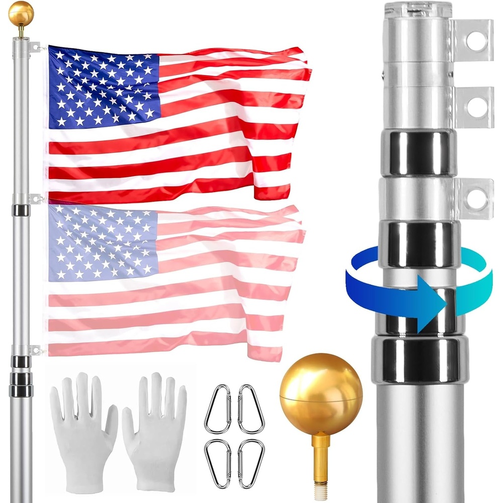 image:imageVEVOR 20FT Telescoping Flag Pole Kit Heavy Duty Aluminum Alloy in Ground Flag Poles for Outside 3 Display Modes Flagpole with 3x5 American Flag Professional Accessories BlackSilver