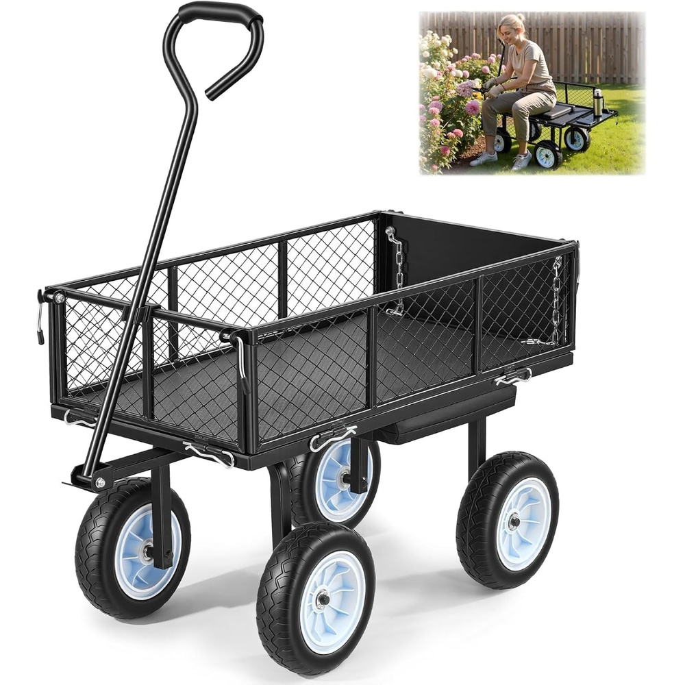 image:imageVEVOR 500 LBS Steel Garden Cart with Work Seat Heavy Duty Garden Wagon Cart on Wheels Outdoor Metal Utility Yard Wagon Gardening Stool with 10inch Flat Free Tires amp Adjustable Handle GreenBlack