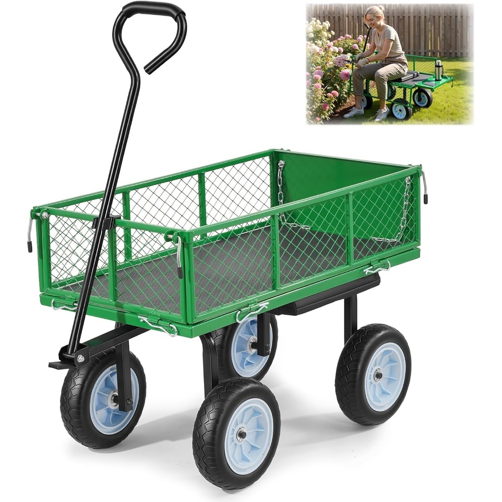 image:imageVEVOR 500 LBS Steel Garden Cart with Work Seat Heavy Duty Garden Wagon Cart on Wheels Outdoor Metal Utility Yard Wagon Gardening Stool with 10inch Flat Free Tires amp Adjustable Handle GreenGreen