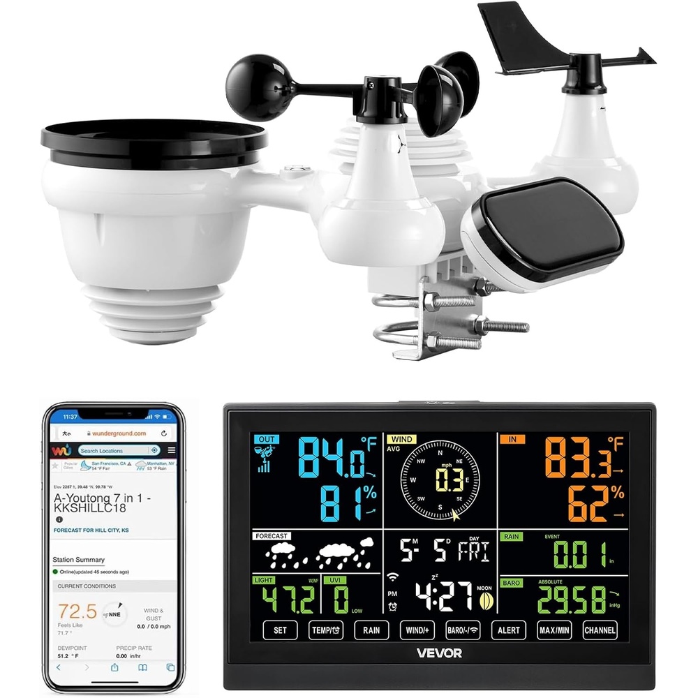 image:imageVEVOR 7in1 WiFi Weather Station 75Inch VA Display Solar Powered Wireless Outdoor Sensor Home Weather Station Indoor Outdoor for Temperature Humidity Wind SpeedDirection Rainfall No APP7in1 WiFi New Version