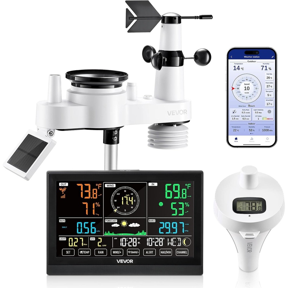 image:imageVEVOR 7in1 Wireless Weather Station 75 in Color Display Digital Weather Station Indoor Outdoor for Temperature Humidity Wind SpeedDirection Rain UV with Forecast Data Alarm AlertsNO WiFi7in1 WiFi with Pool Thermometer