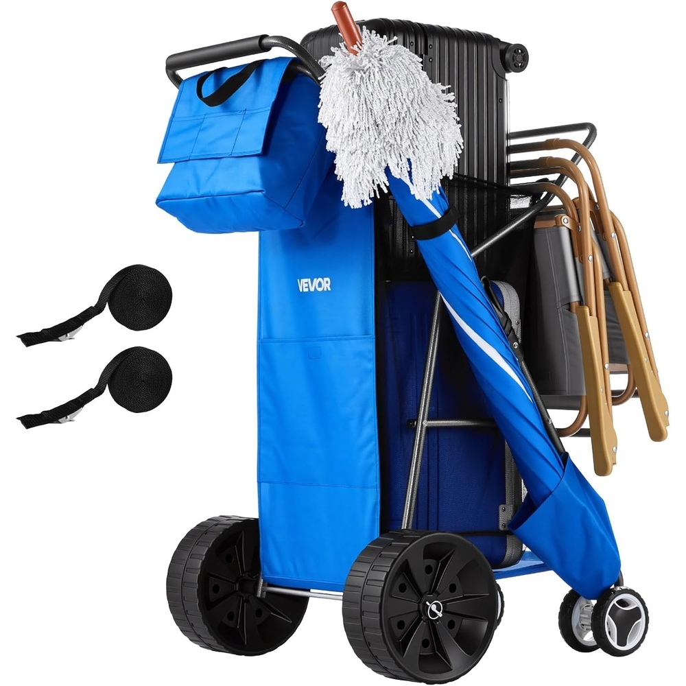 image:imageVEVOR Beach Cart with Large Wheels for Sand 165 lbs Load Capacity Heavy Duty Folding Beach Wagon with 10 Solid Wheels Insulated Cooler Bag Umbrella Holder Holds 4 Chairs for Camping amp Fishing