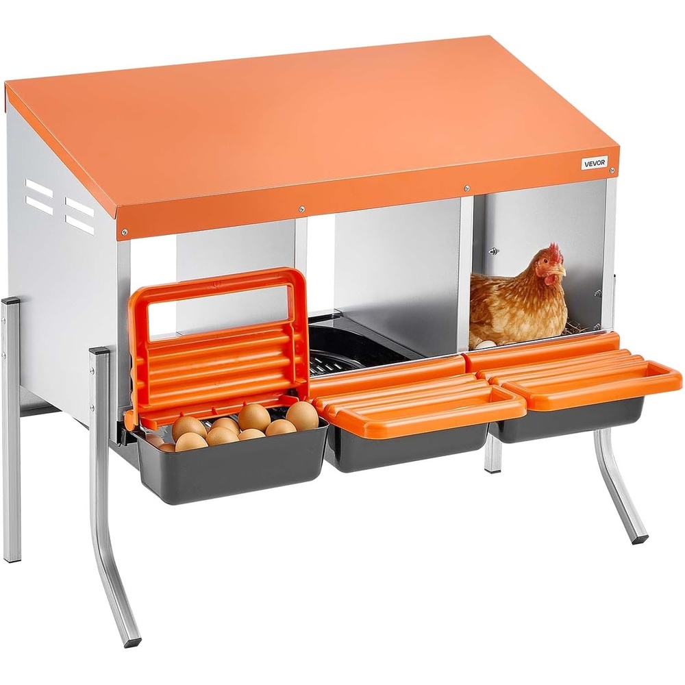 image:imageVEVOR Chicken Nesting Boxes 3 Compartments with Support Legs Easy Egg Collection Galvanized Steel and HighStrength Plastic Roll Away Nesting Boxes for Chickens and Hens Laying Eggs OrangeOrange